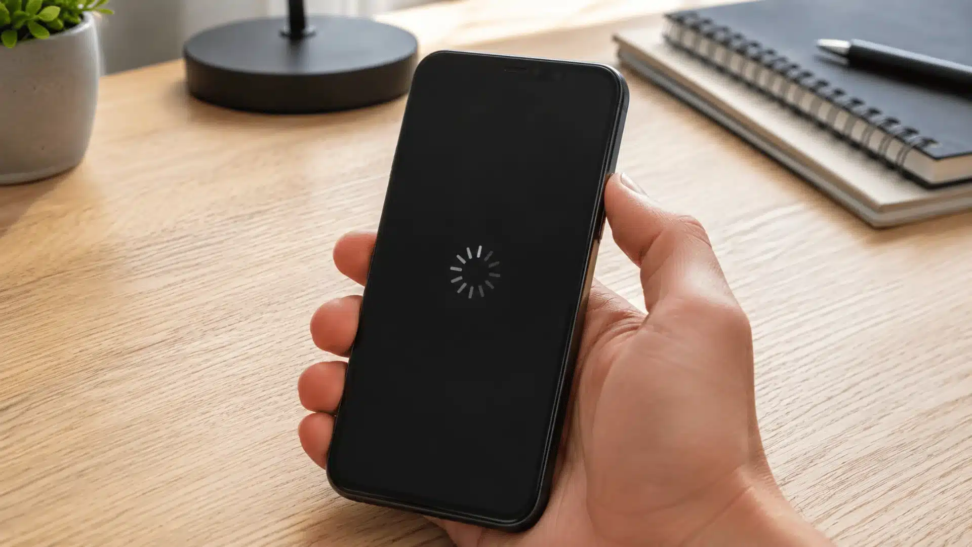hand holding a smartphone with a loading symbol on a black screen beside a desk lamp plant and stacked notebooks