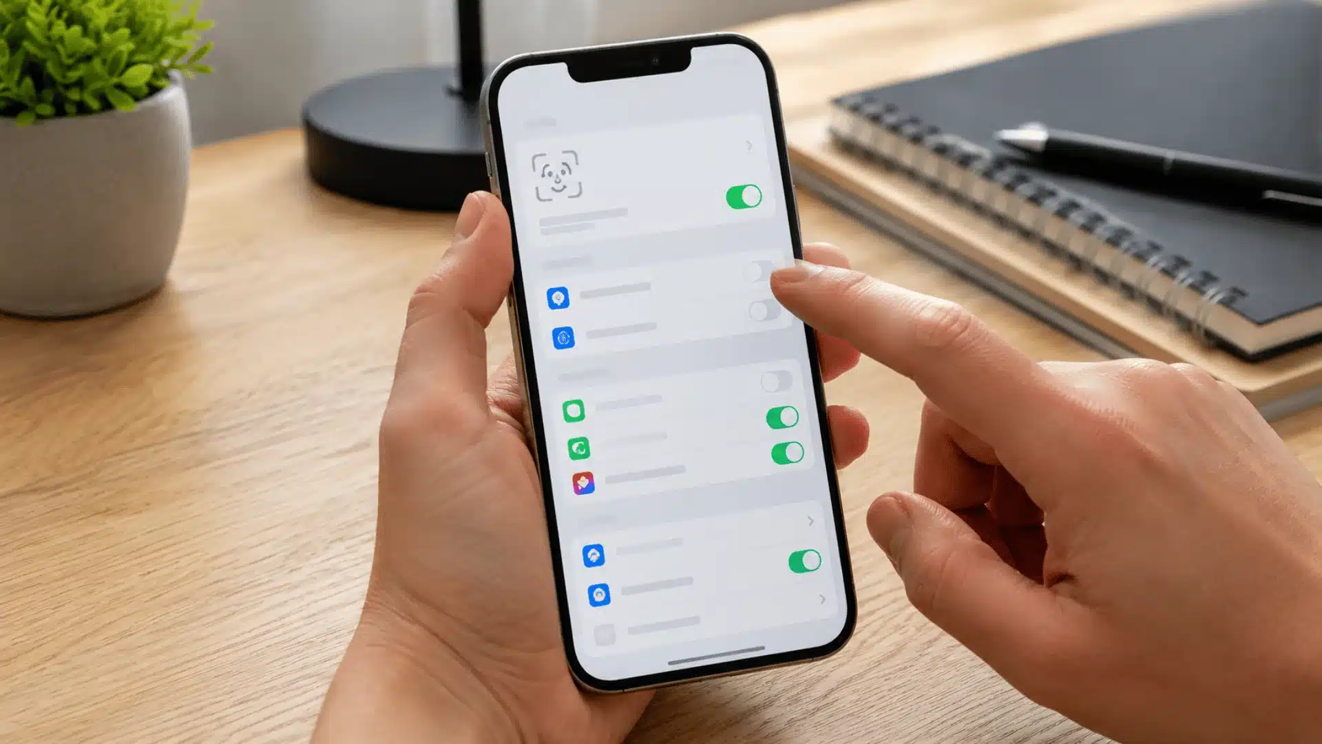 person adjusting face recognition settings on a smartphone while holding it above a light wooden desk with notebooks