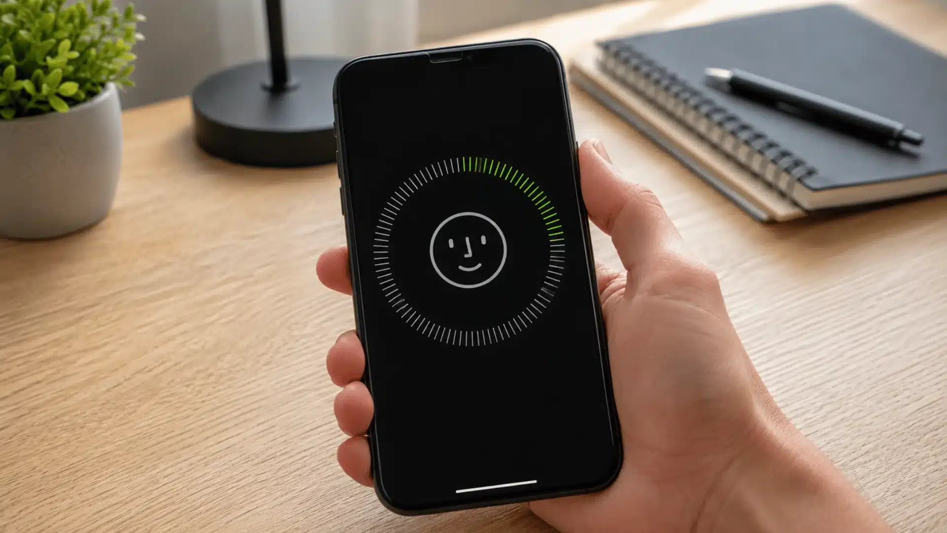hand holding a smartphone showing a successful face recognition icon on a black screen above a tidy wooden desk