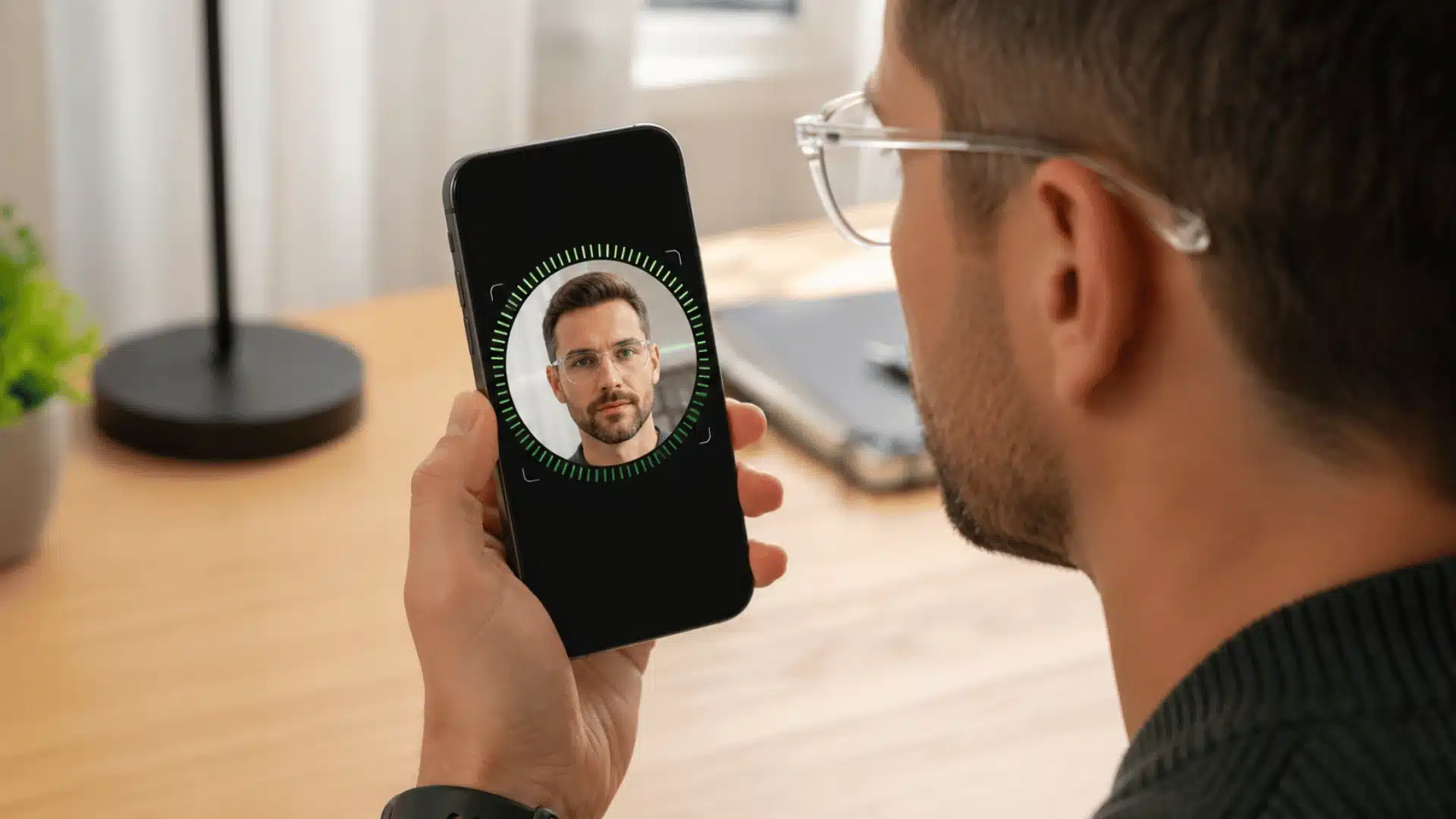 man holding a smartphone while face recognition scans his face in a bright home office with a desk lamp and notebook