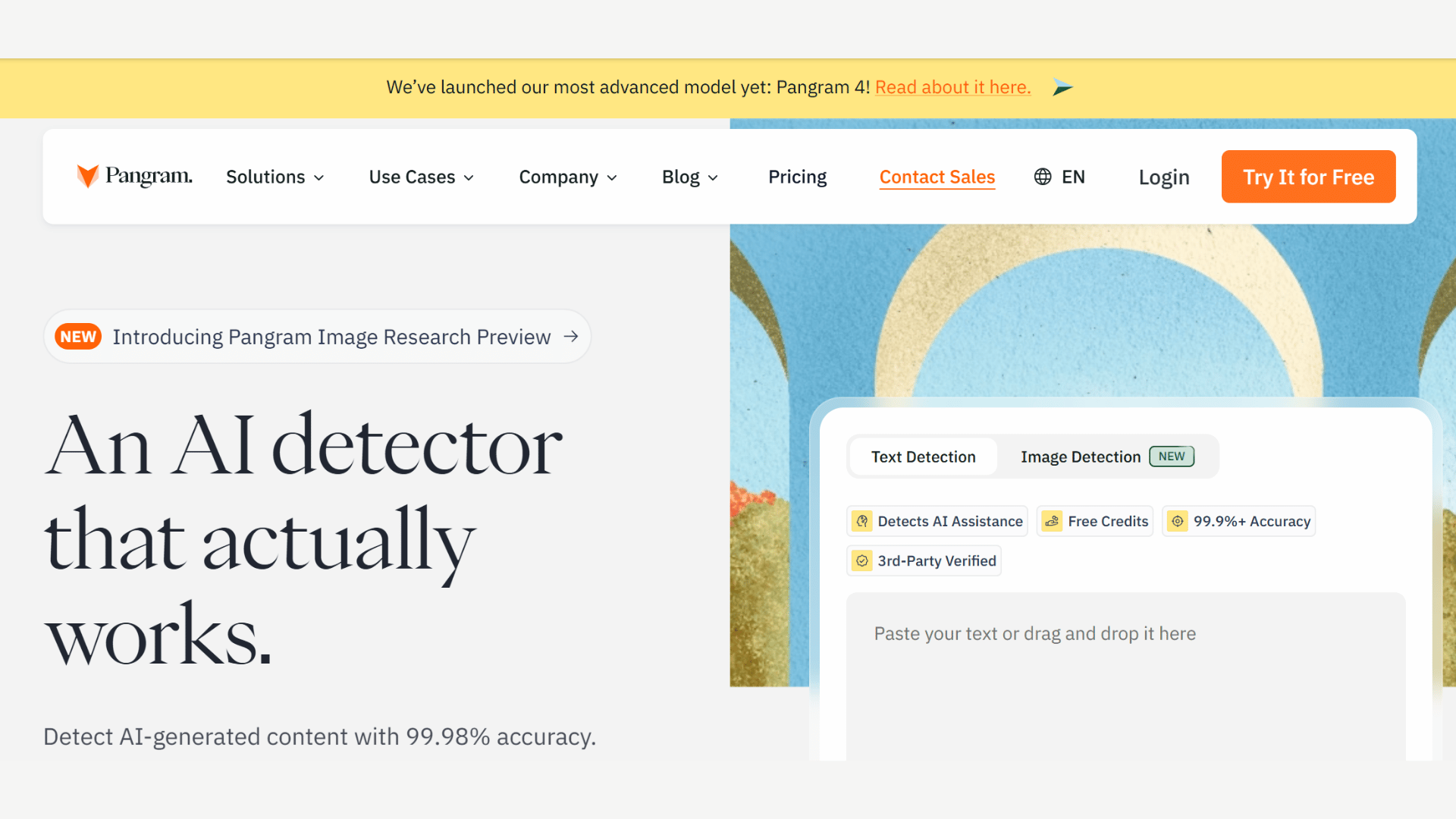 pangram ai detector homepage showing a text analysis tool for identifying possible ai generated writing