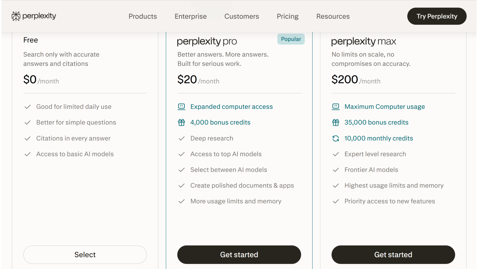 perplexity pricing table showing free pro max education pro and enterprise pro monthly plan costs