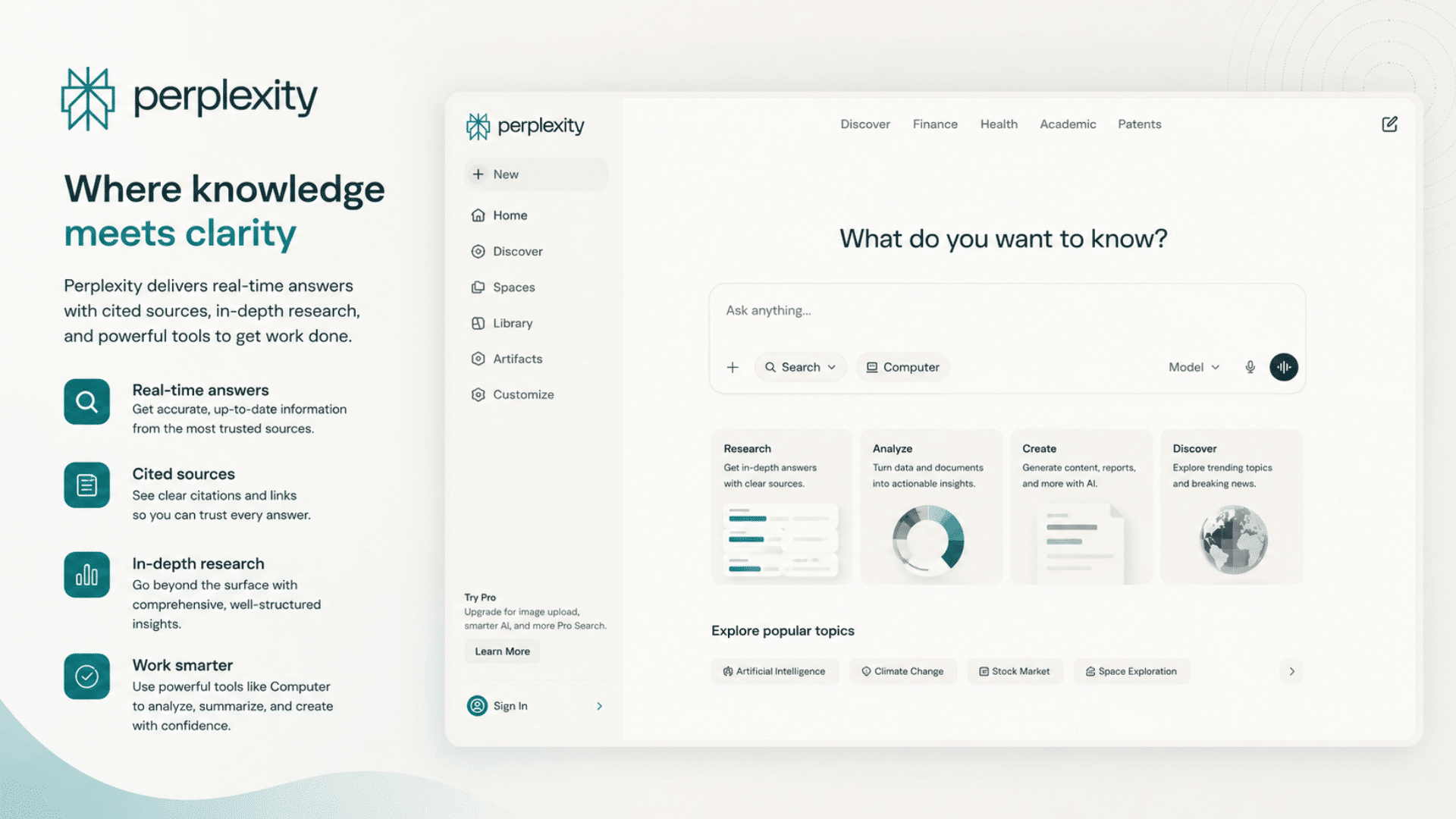 perplexity search interface showing source based research tools fast answers and information discovery