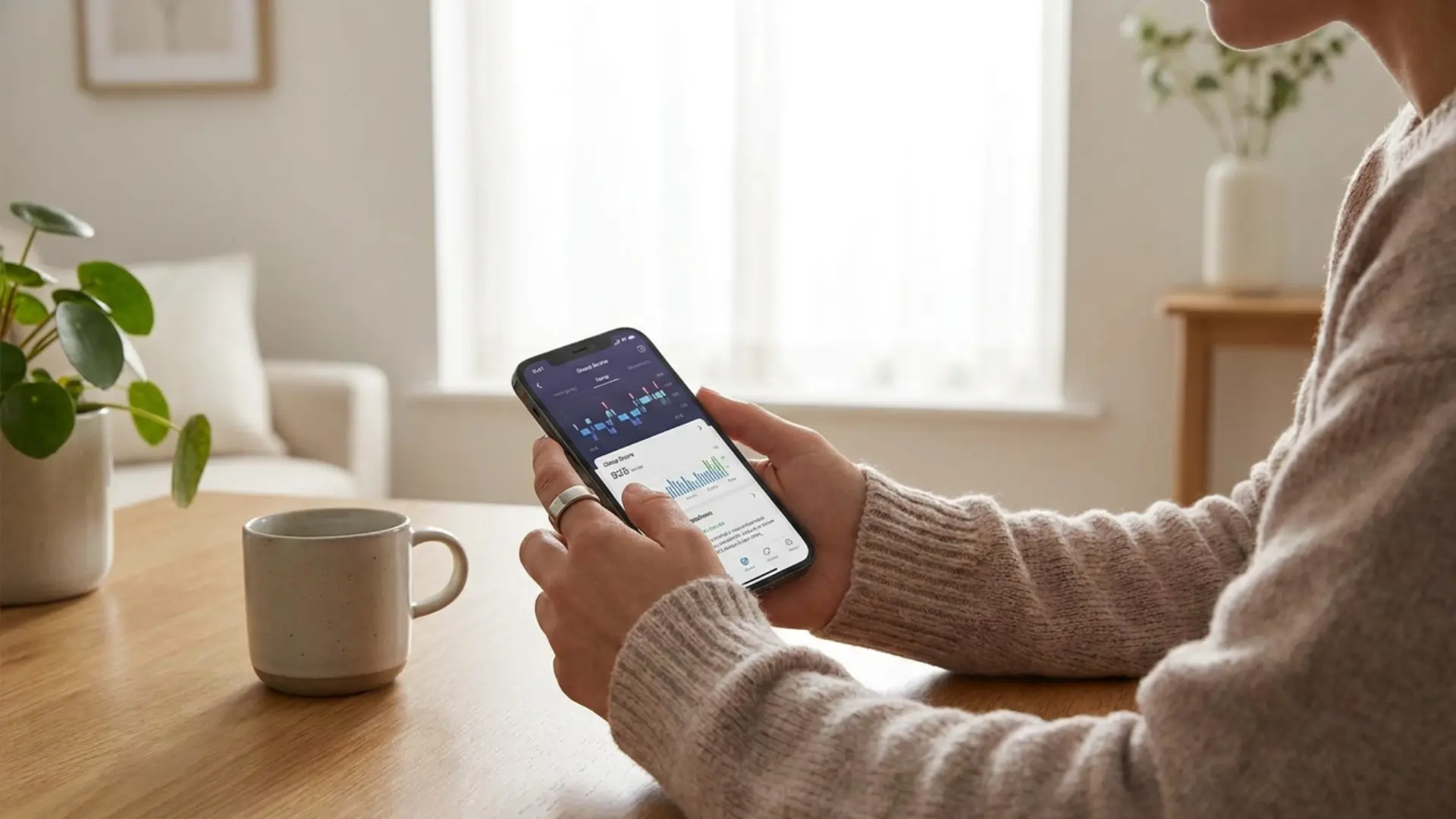 person wearing a discreet smart ring while checking sleep and readiness score each morning