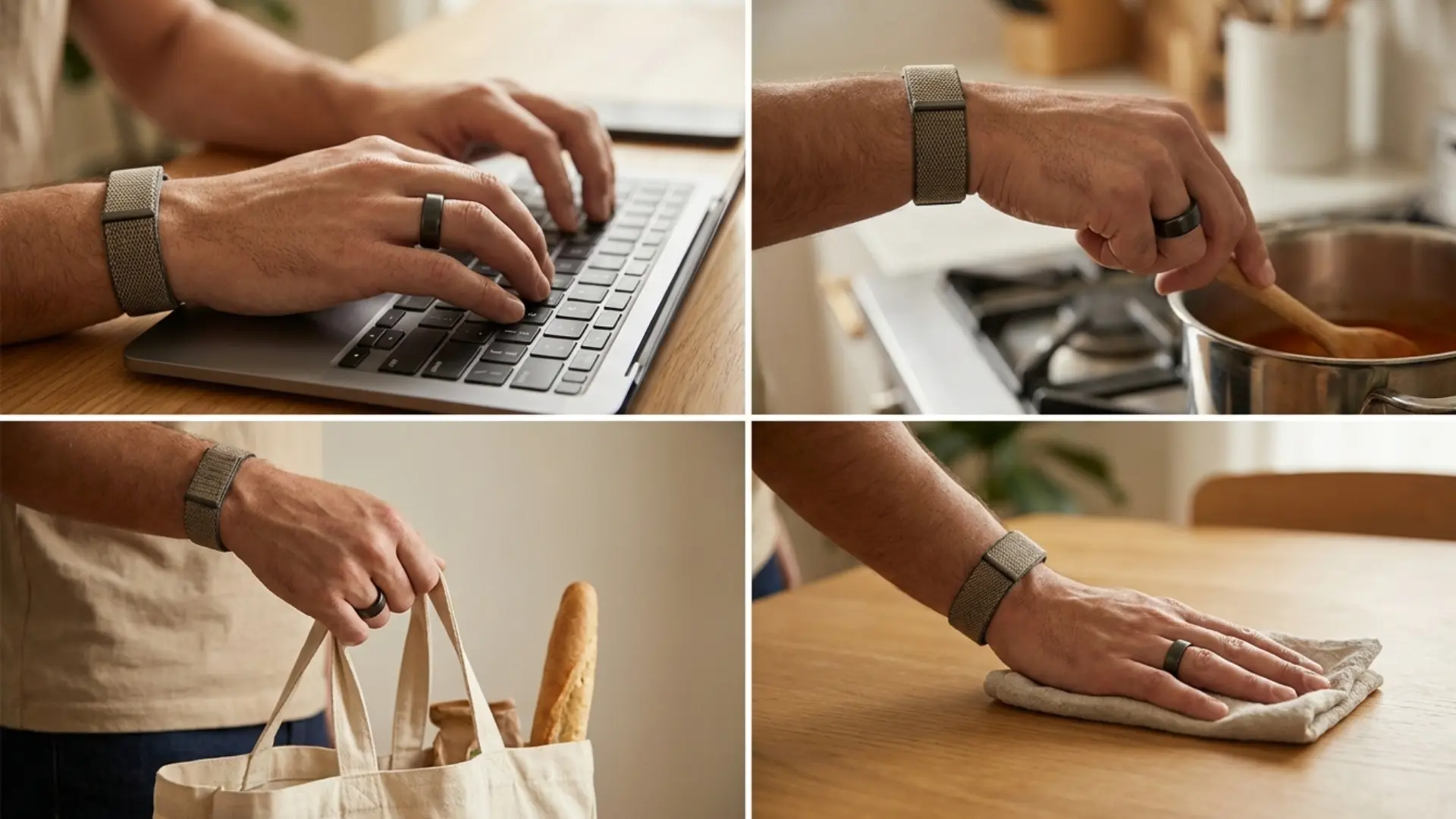 person wearing soft wrist band and smart ring while typing cooking and carrying bags daily