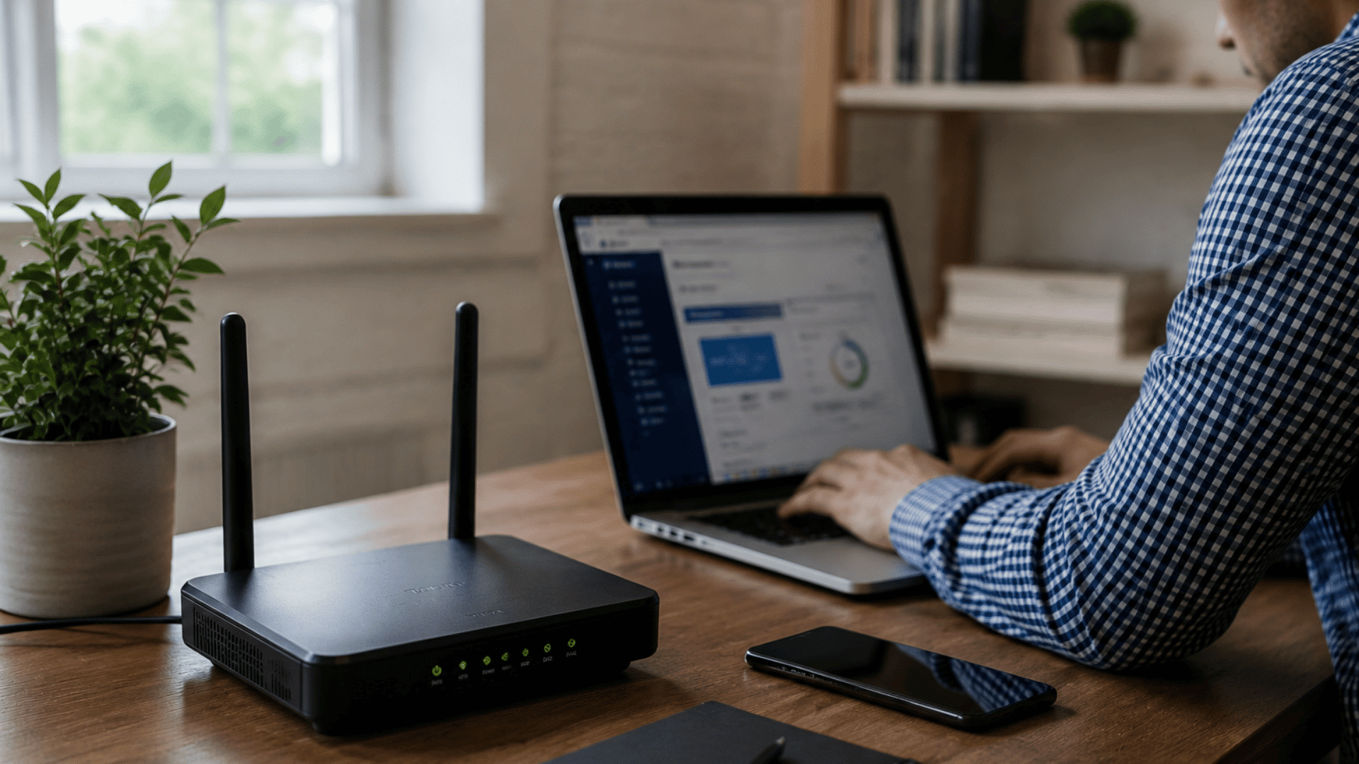 person working on laptop beside wireless router on a home office desk with network connection setup