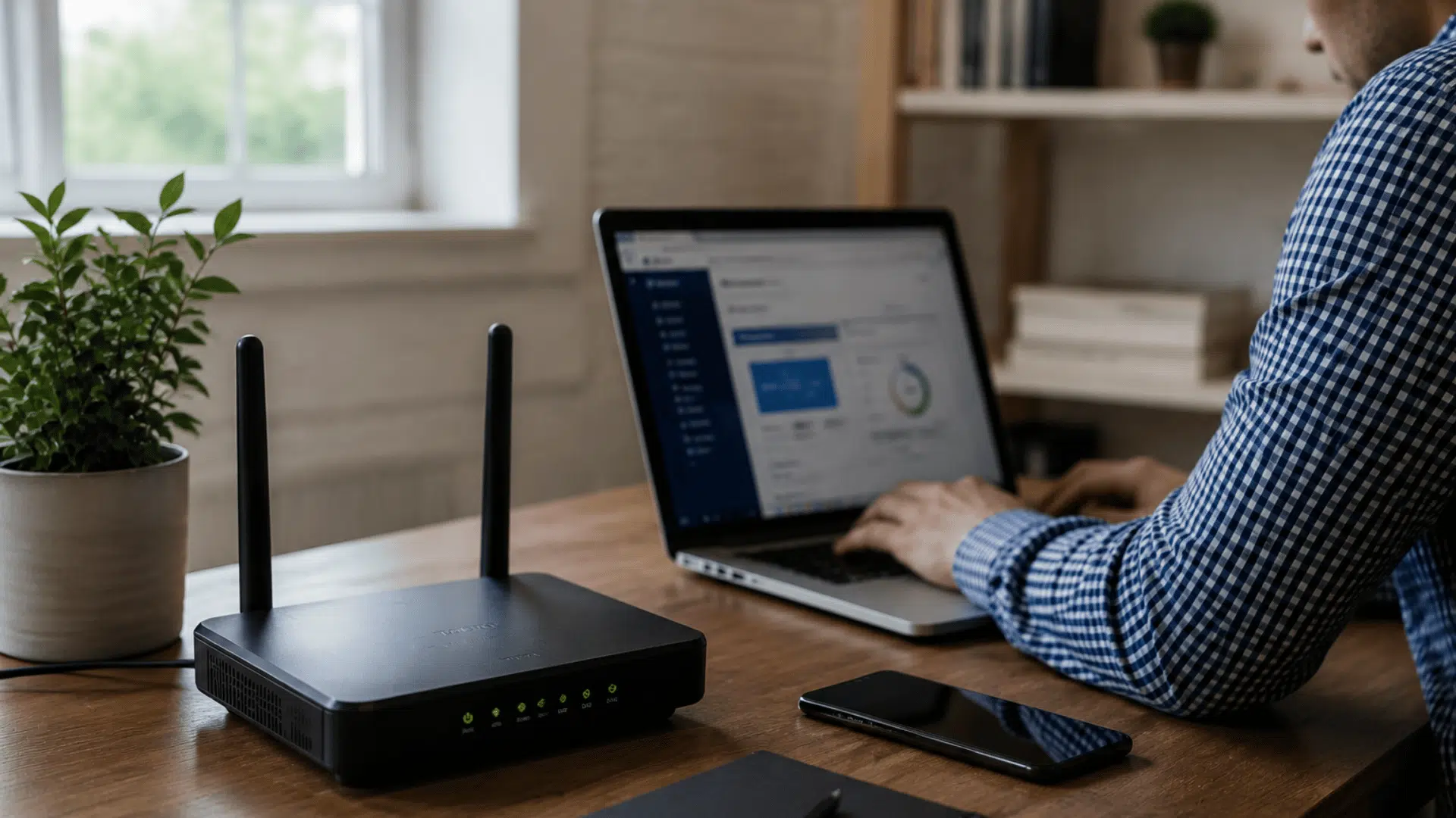 person working on laptop beside wireless router on a home office desk with network connection setup