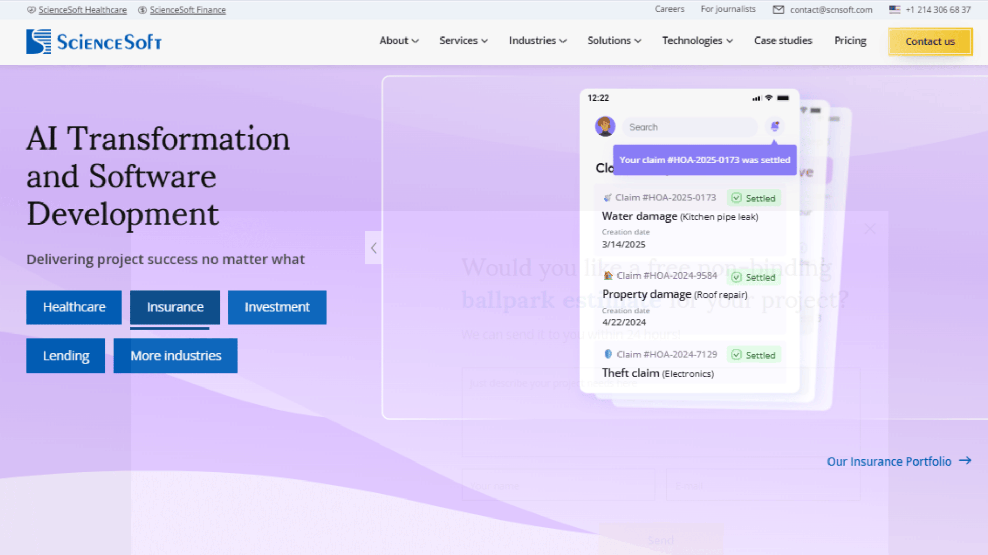 purple ai transformation website featuring chatbot screens and industry service categories