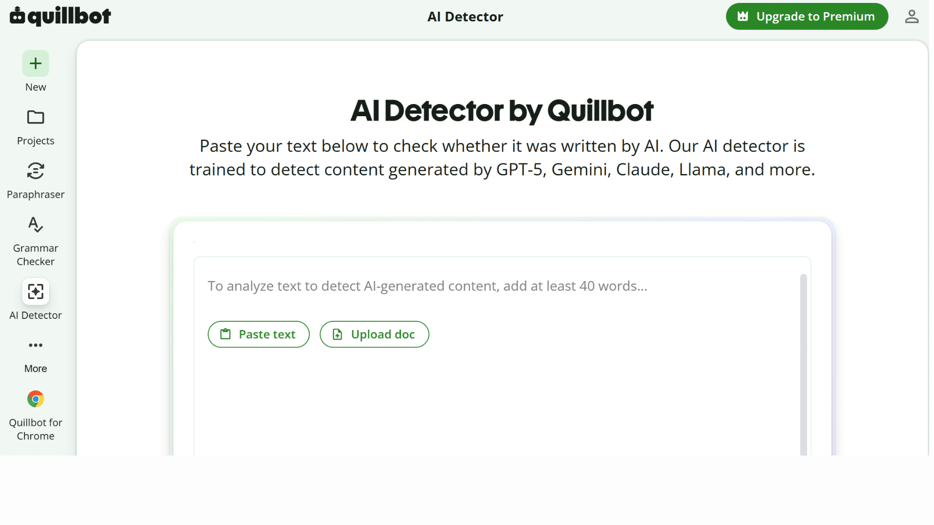 quillbot ai detector page showing a text analysis tool for checking content for possible ai generated writing