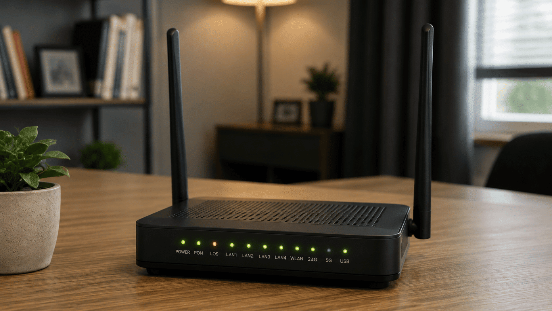 realistic black wifi router with two antennas and glowing status lights placed on a wooden desk in a home office setting.