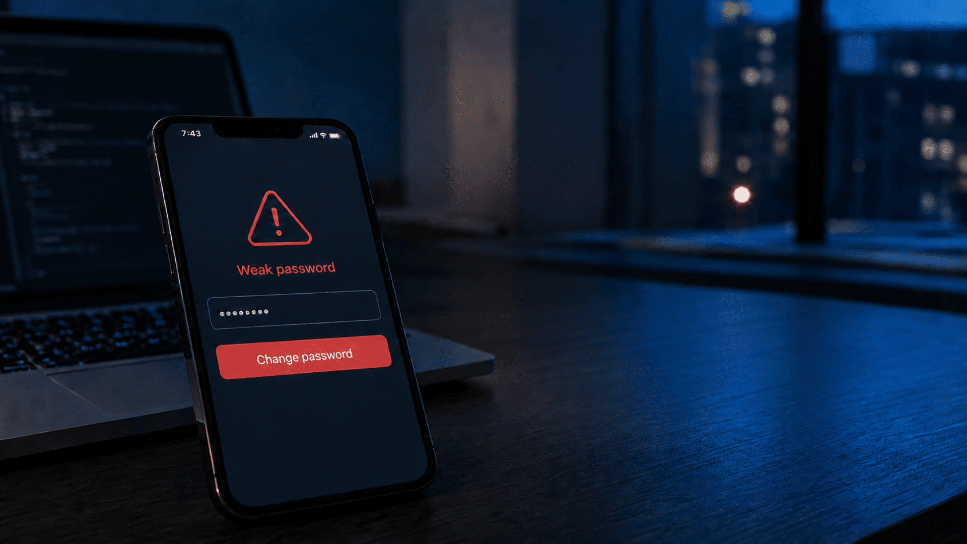 realistic weak password notification displayed on a smartphone beside a laptop