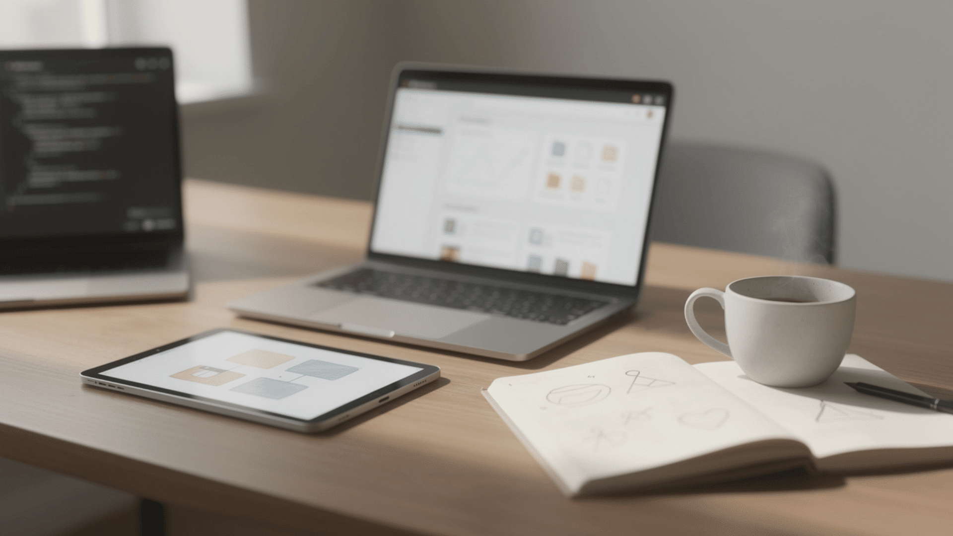 realistic workspace with laptop tablet notebook and soft lighting representing multiple ai workflows and productivity tasks