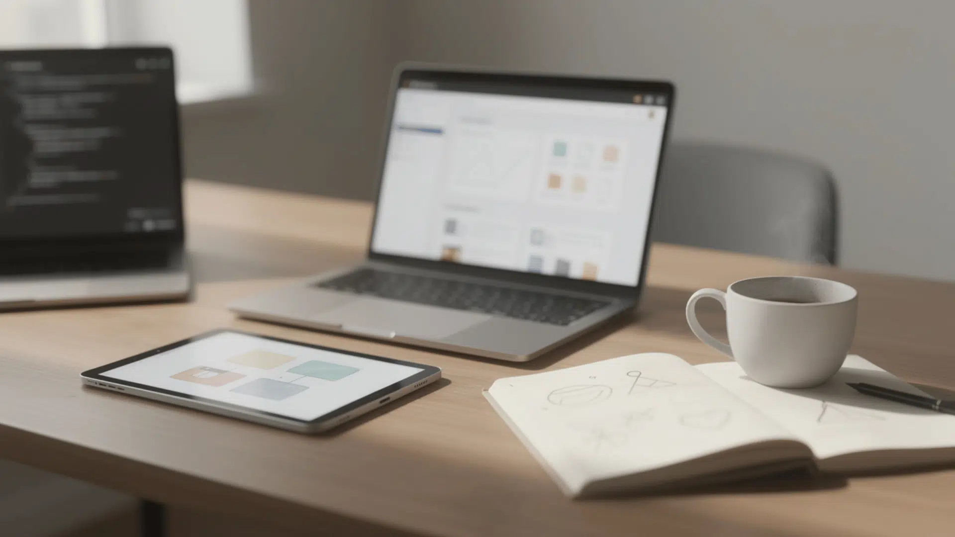 realistic workspace with laptop tablet notebook and soft lighting representing multiple ai workflows and productivity tasks