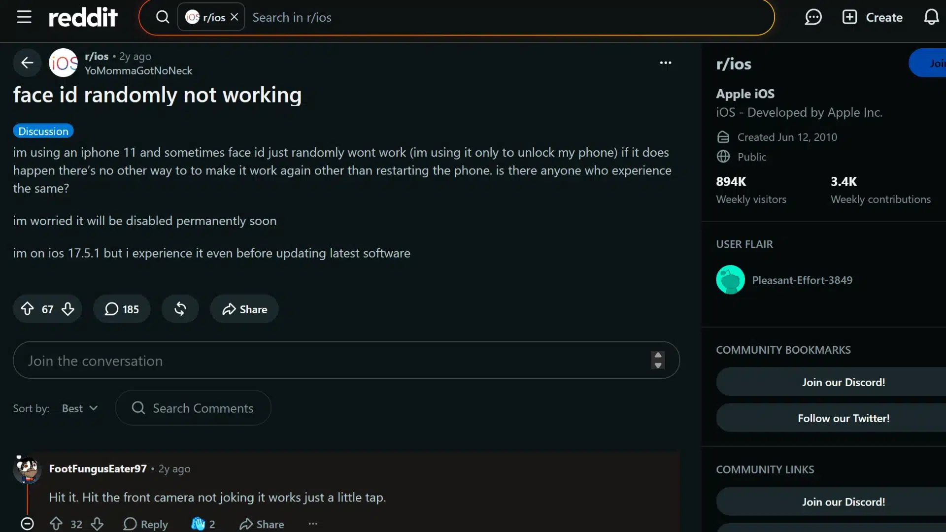 reddit thread where users discuss face id randomly stopping working on their iphones