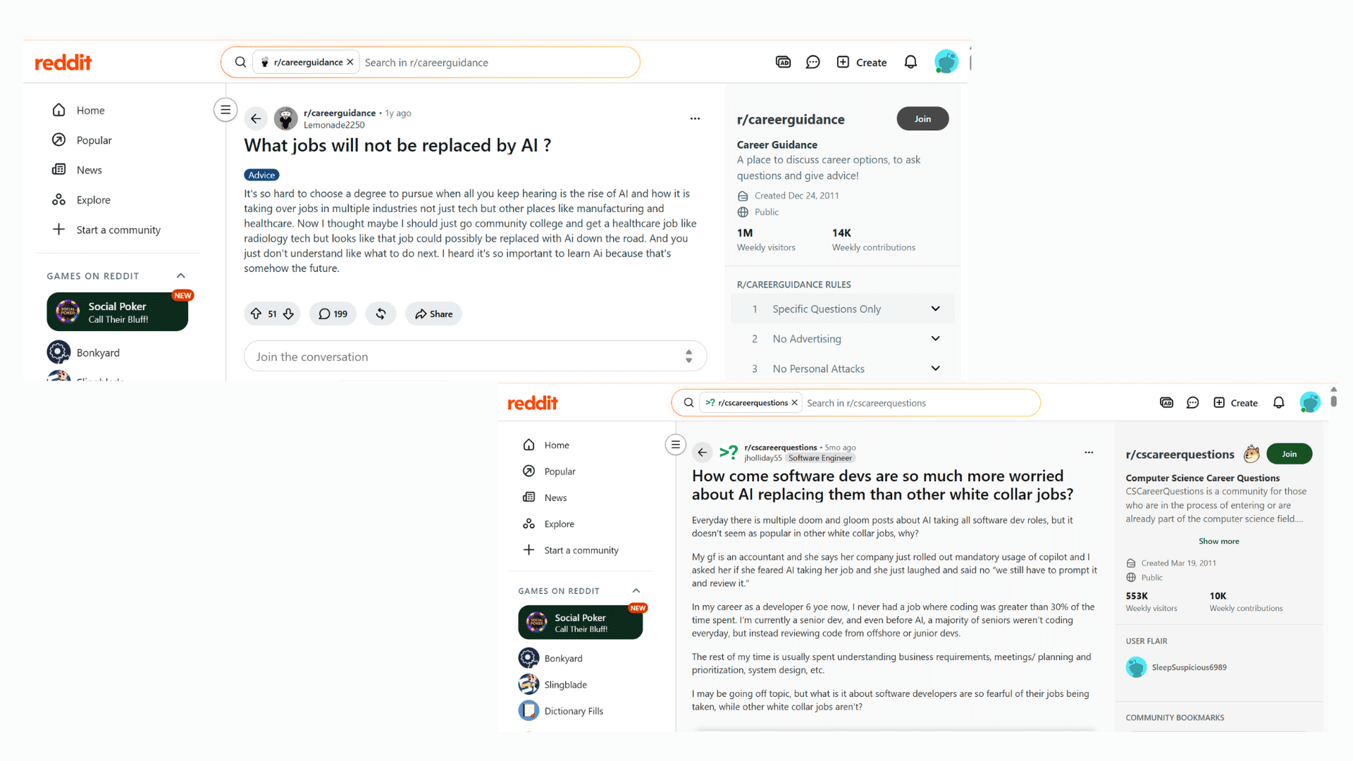 reddit discussions about jobs safe from ai and software developer concerns