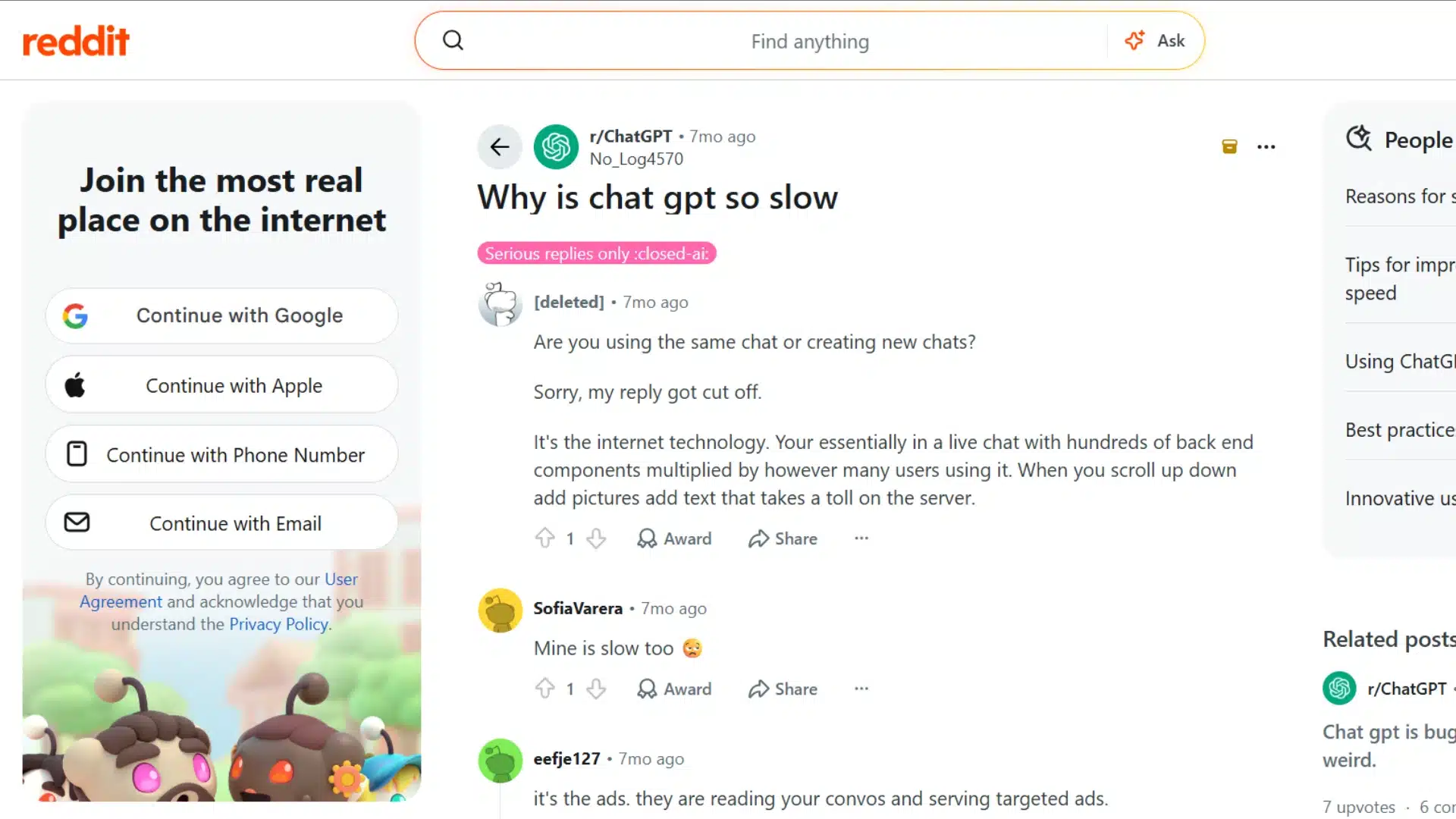 reddit thread titled why is chat gpt so slow with several user comments discussing possible causes