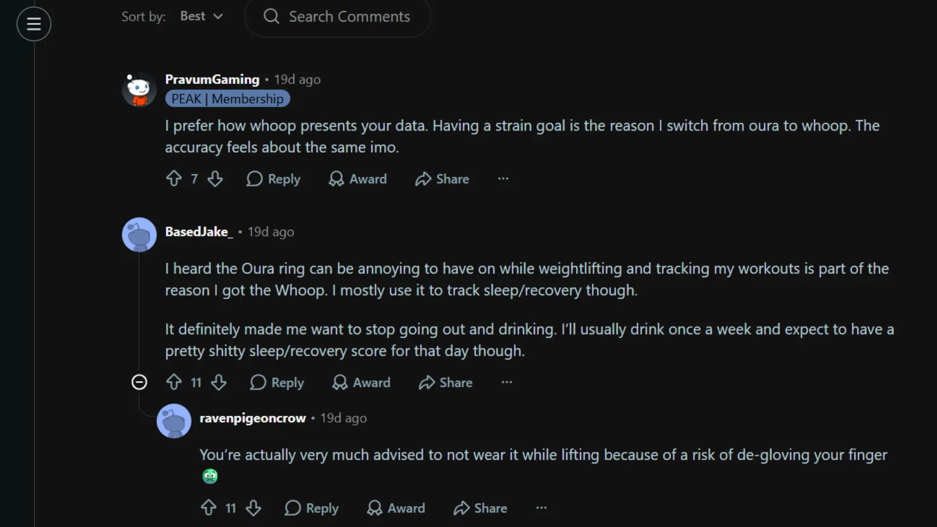 reddit users compare whoop and oura ring comfort workout tracking and recovery data online