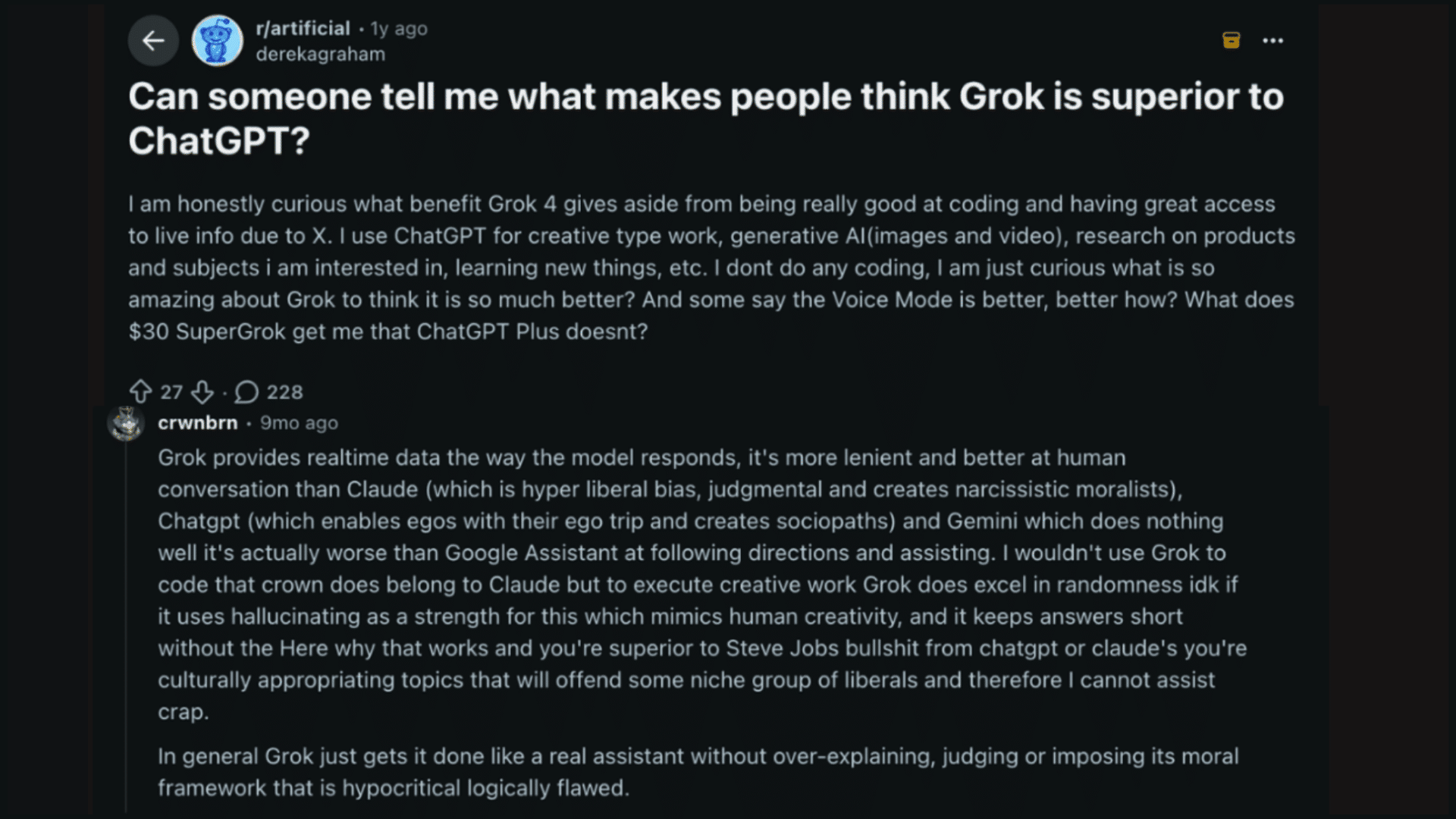 a reddit discussion asking why people think grok is better than chatgpt with user comments visible in dark mode
