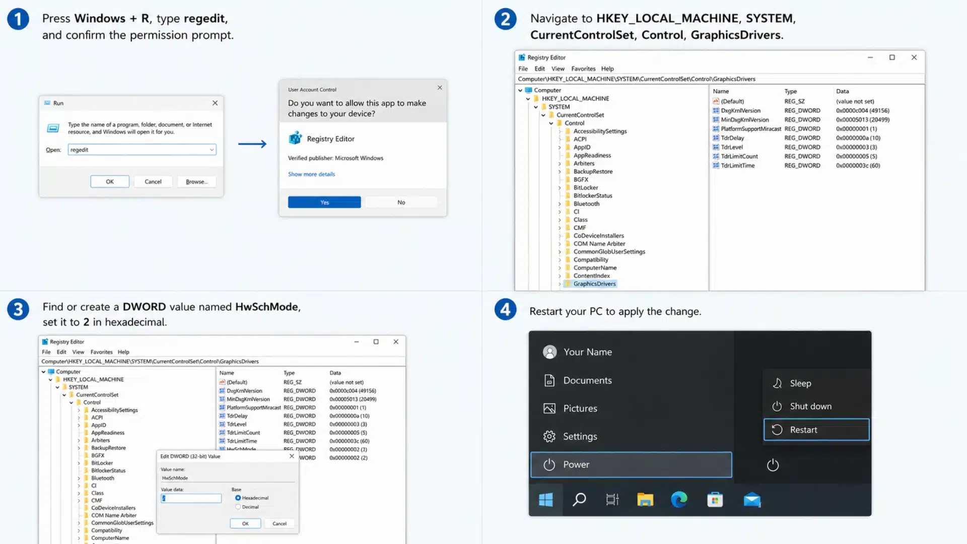 composite mockup showing four numbered steps to enable gpu scheduling using registry editor