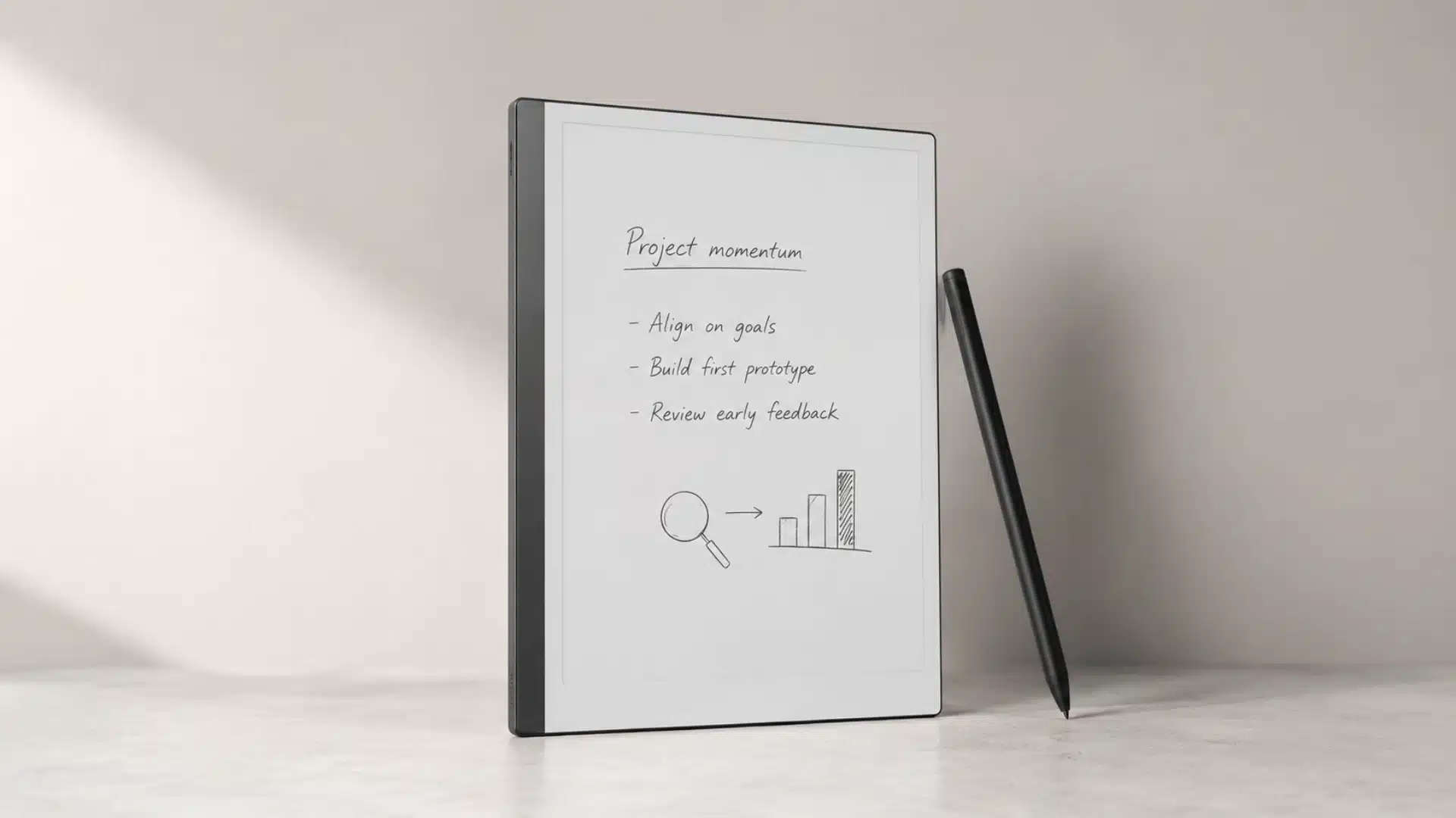 remarkable style e ink tablet with stylus resting on a table with handwritten notes displayed on screen