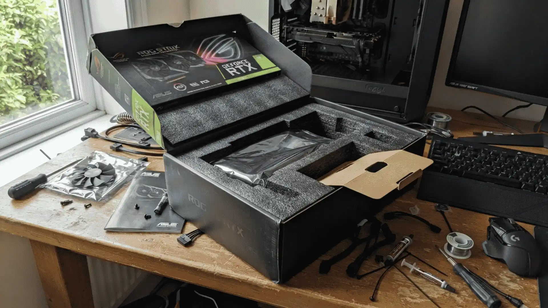 photo of an unboxed graphics card on a desk with tools cables and thermal paste nearby