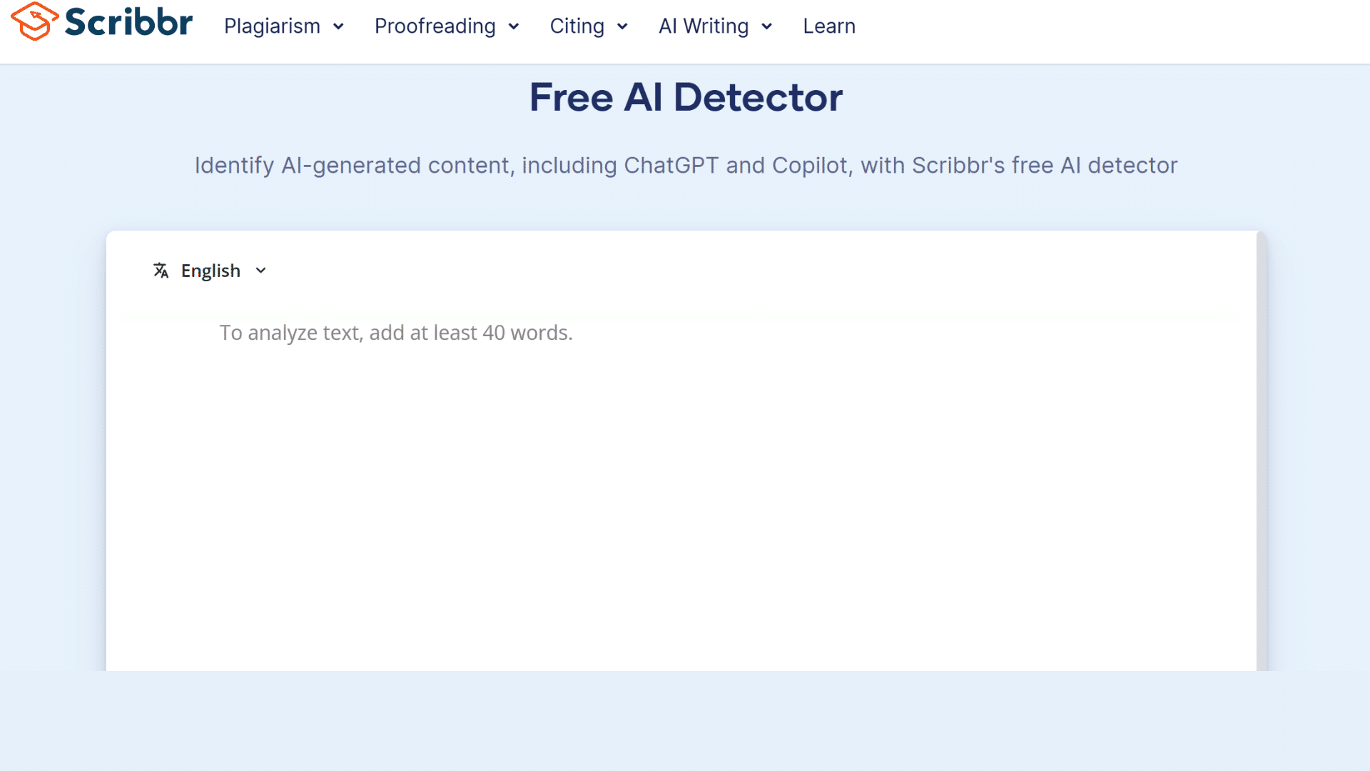 scribbr ai detector page showing a text checker for identifying possible ai generated writing in student work