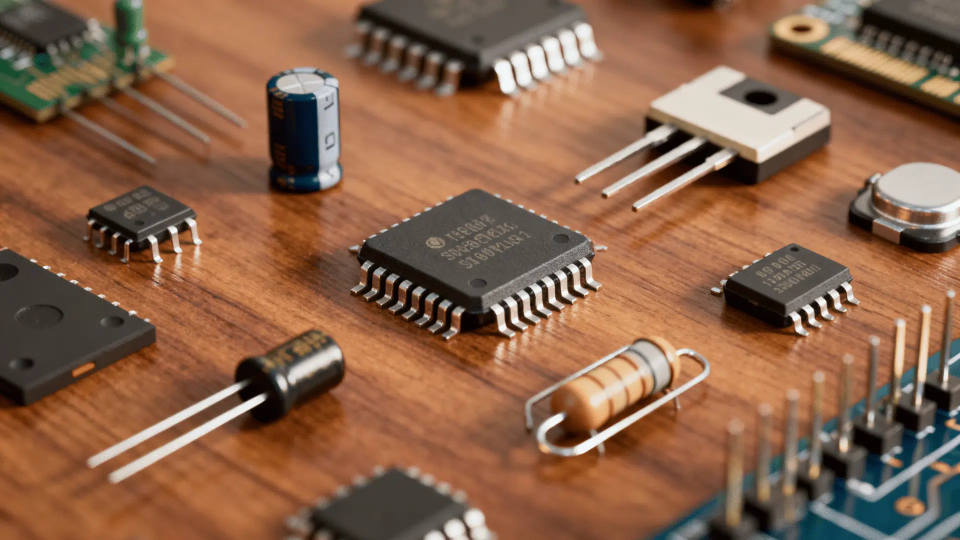 semiconductor chips and electronic components arranged on a wooden surface with detailed circuit parts and microchips.