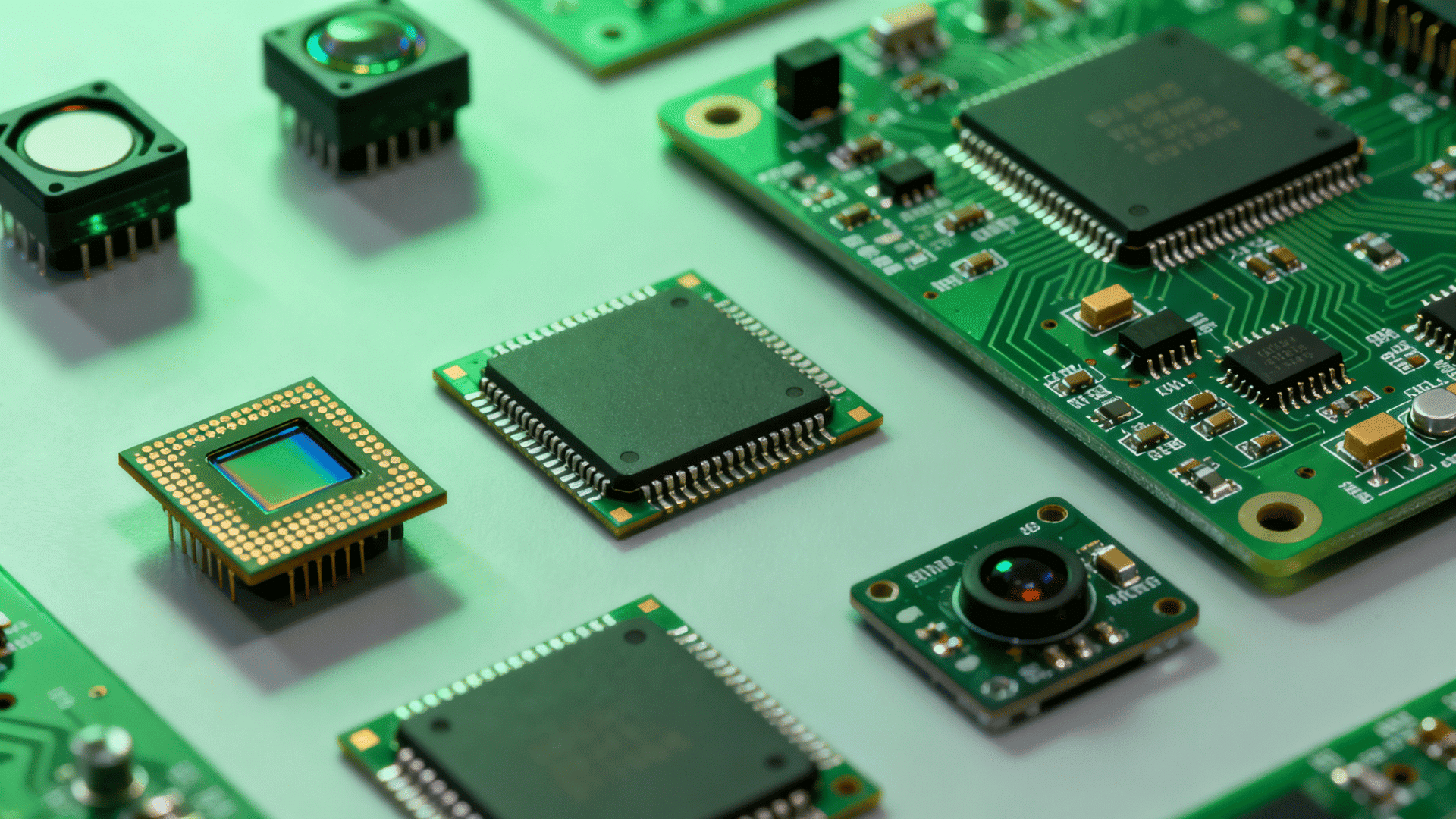 semiconductor chips and circuit boards arranged with microprocessors sensors and electronic components on a green surface