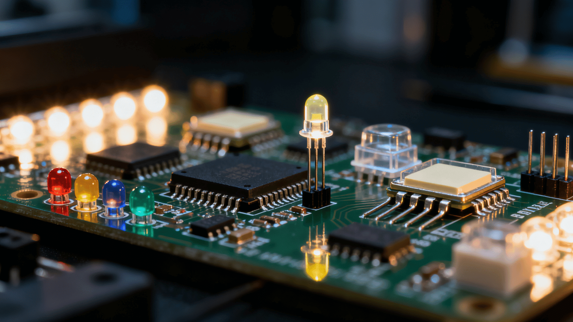 semiconductor components and glowing led lights arranged on a circuit board with microchips and electronic elements