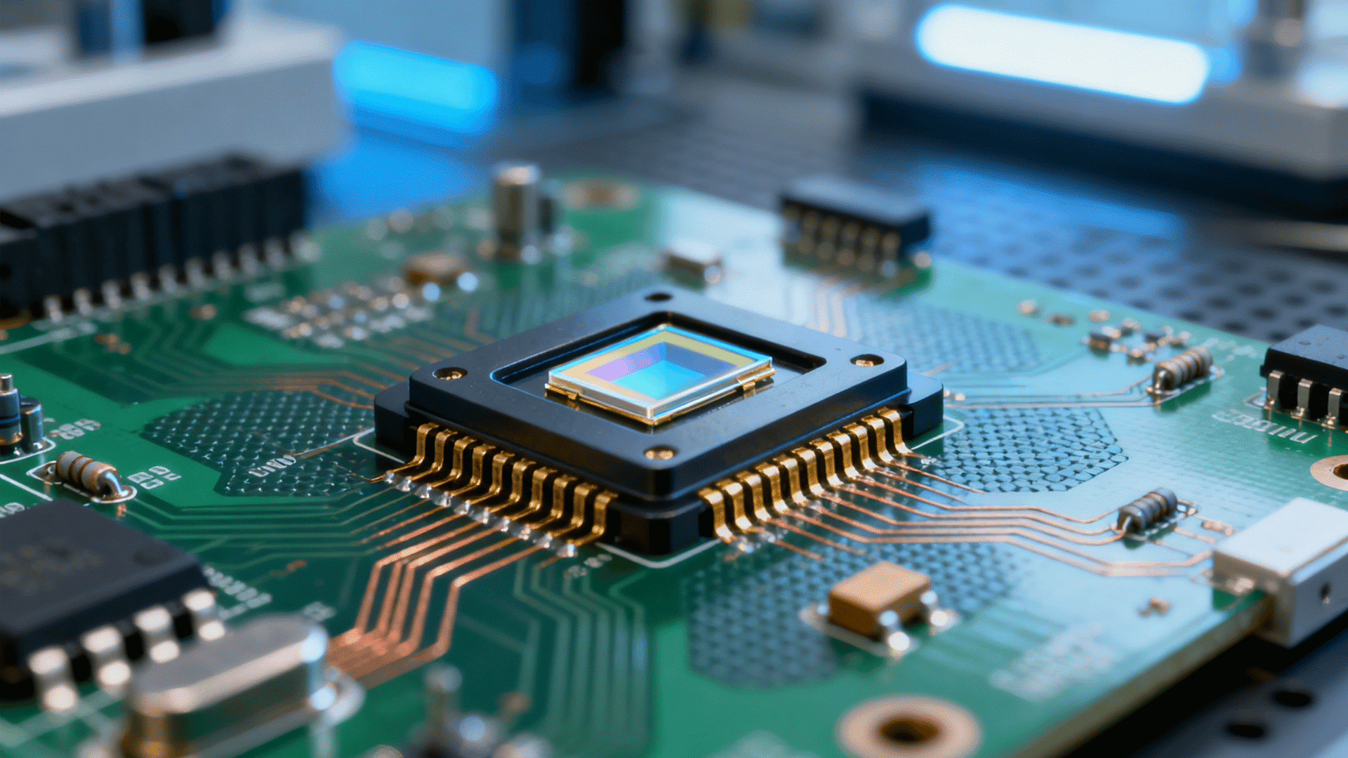 semiconductor microchip mounted on green circuit board with detailed electronic pathways and advanced chip technology