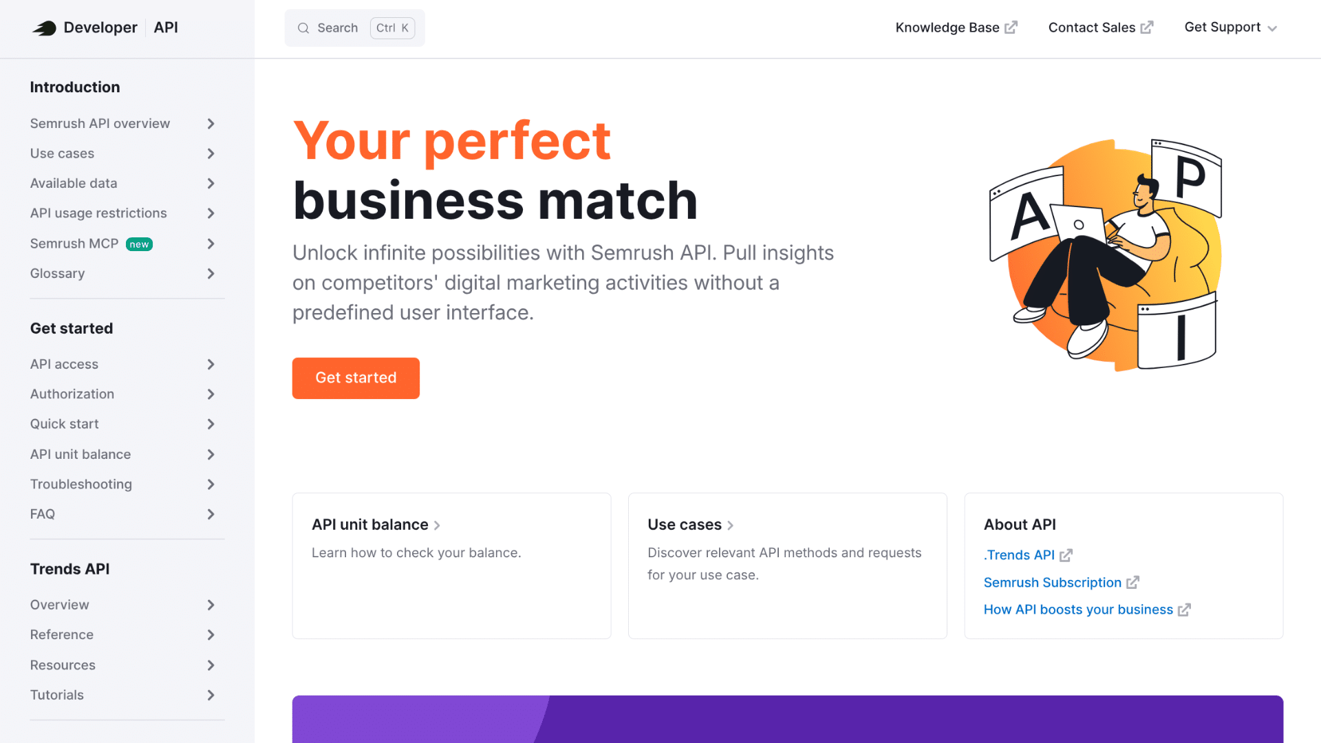 Semrush API dashboard displaying keyword rankings, competitor analysis, backlink data, and SEO performance metrics