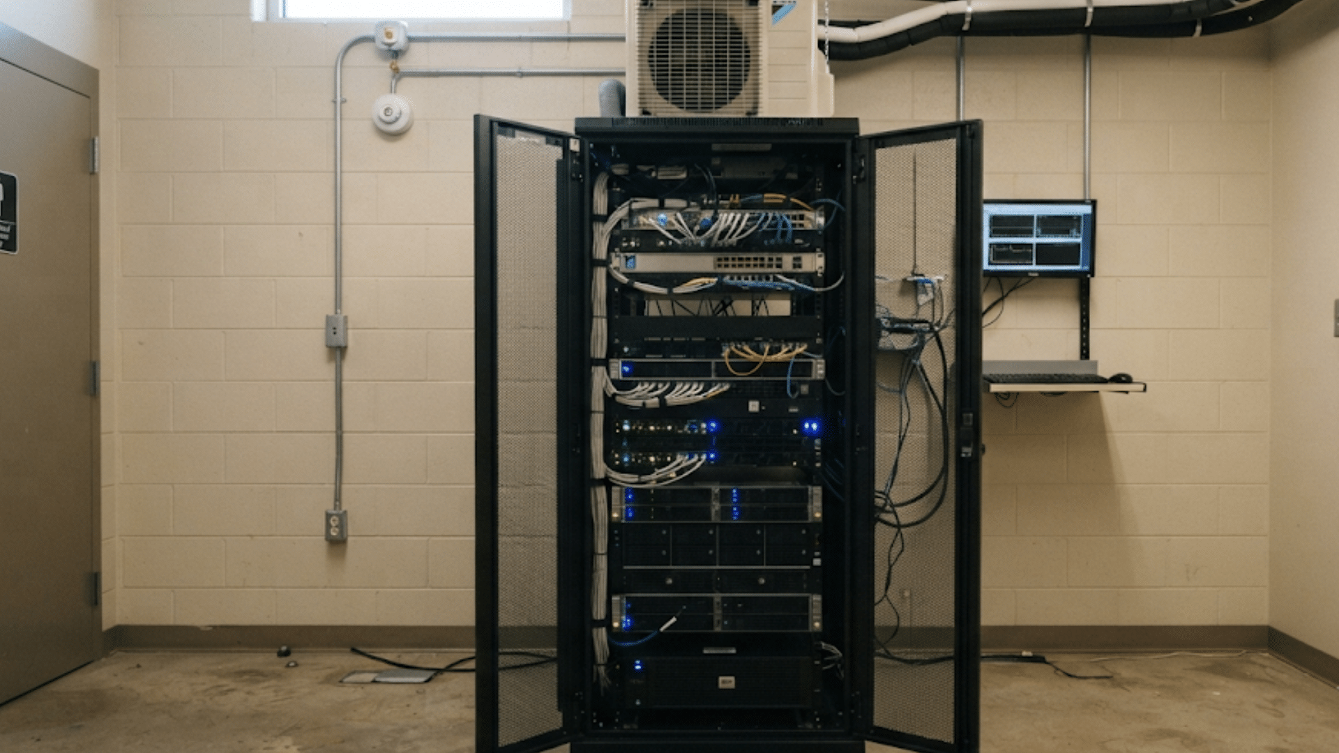server rack with network equipment cables and monitoring screen in a data center room with technical infrastructure setup