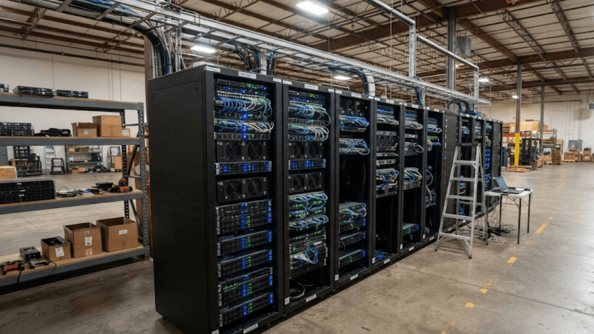 server racks with network cables and equipment arranged in a large data center facility with industrial workspace setup