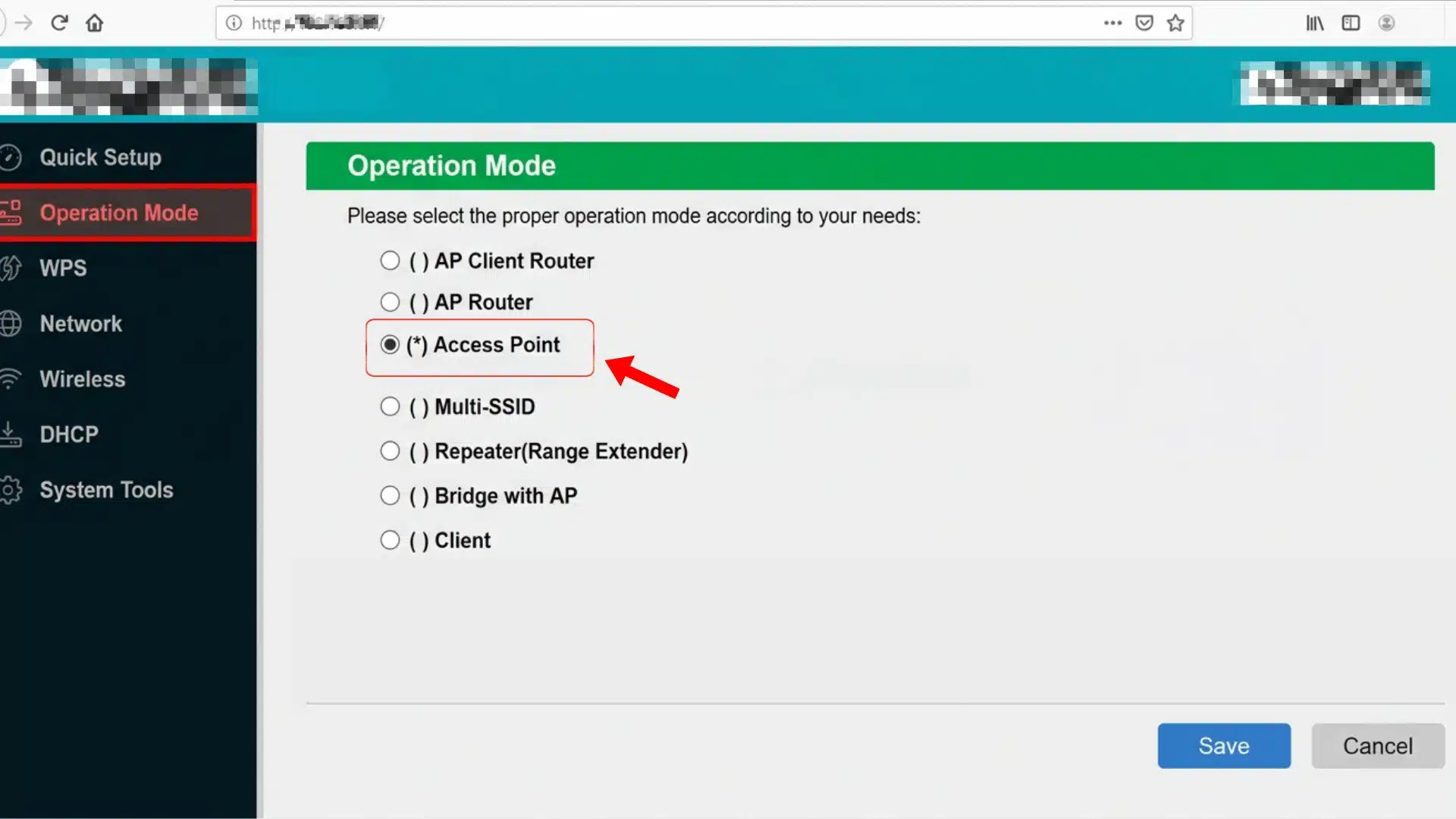 router operation mode settings page with access point mode selected and the save button ready to apply changes
