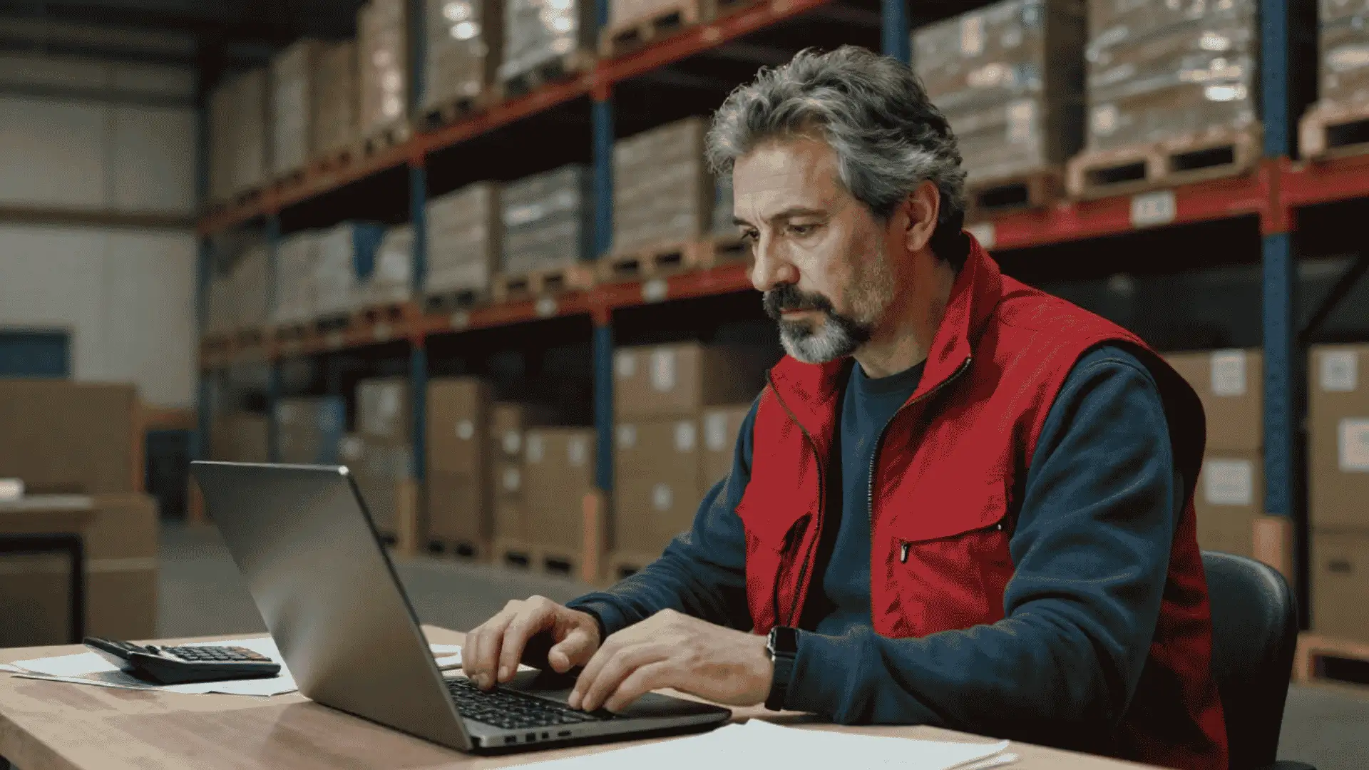 warehouse manager using a laptop to configure rfid inventory software among stocked shelves