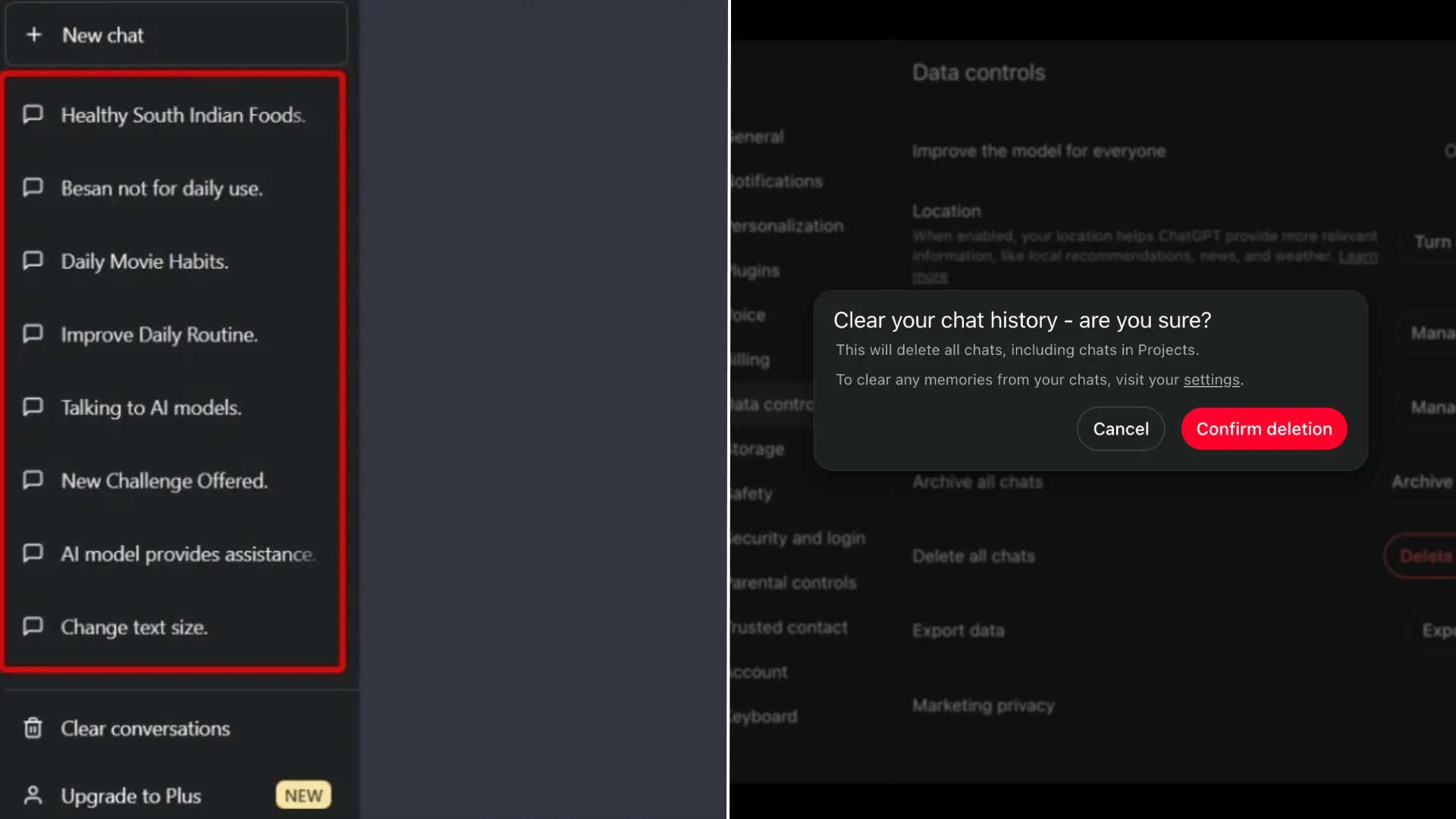 side by side chatgpt screens showing a conversation list and the confirmation window for deleting all chats