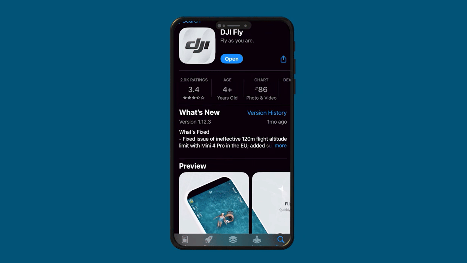 smartphone screen showing the dji fly app page ready to open before setting up a drone flight
