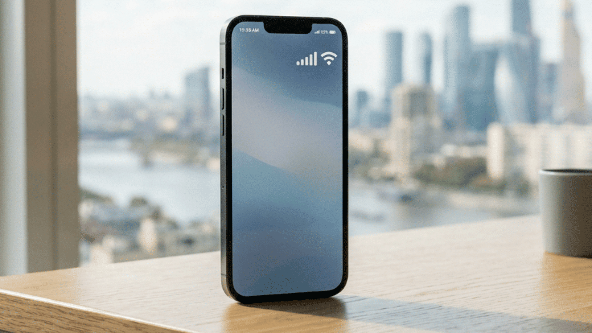 smartphone standing on a wooden desk near a coffee cup with a city skyline visible through large windows (1)