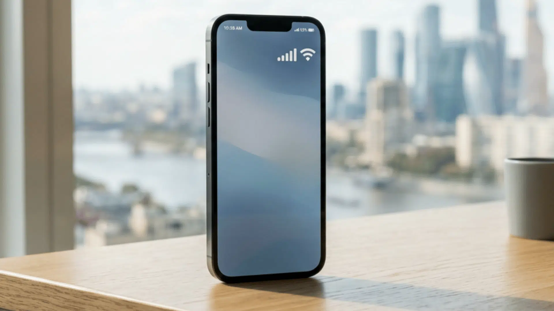 smartphone standing on a wooden desk near a coffee cup with a city skyline visible through large windows (1)