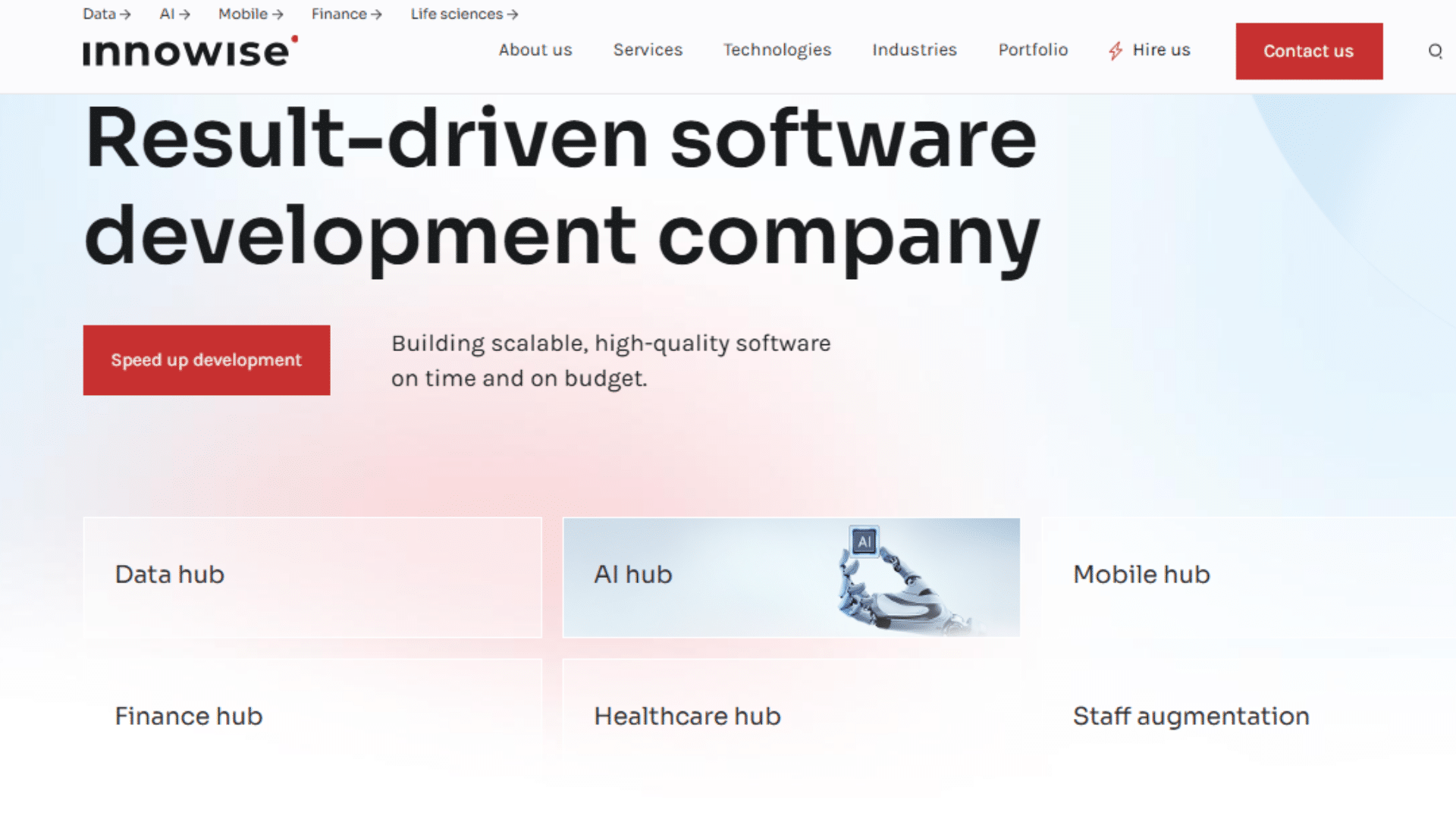 software development company homepage listing data ai mobile finance and healthcare hubs