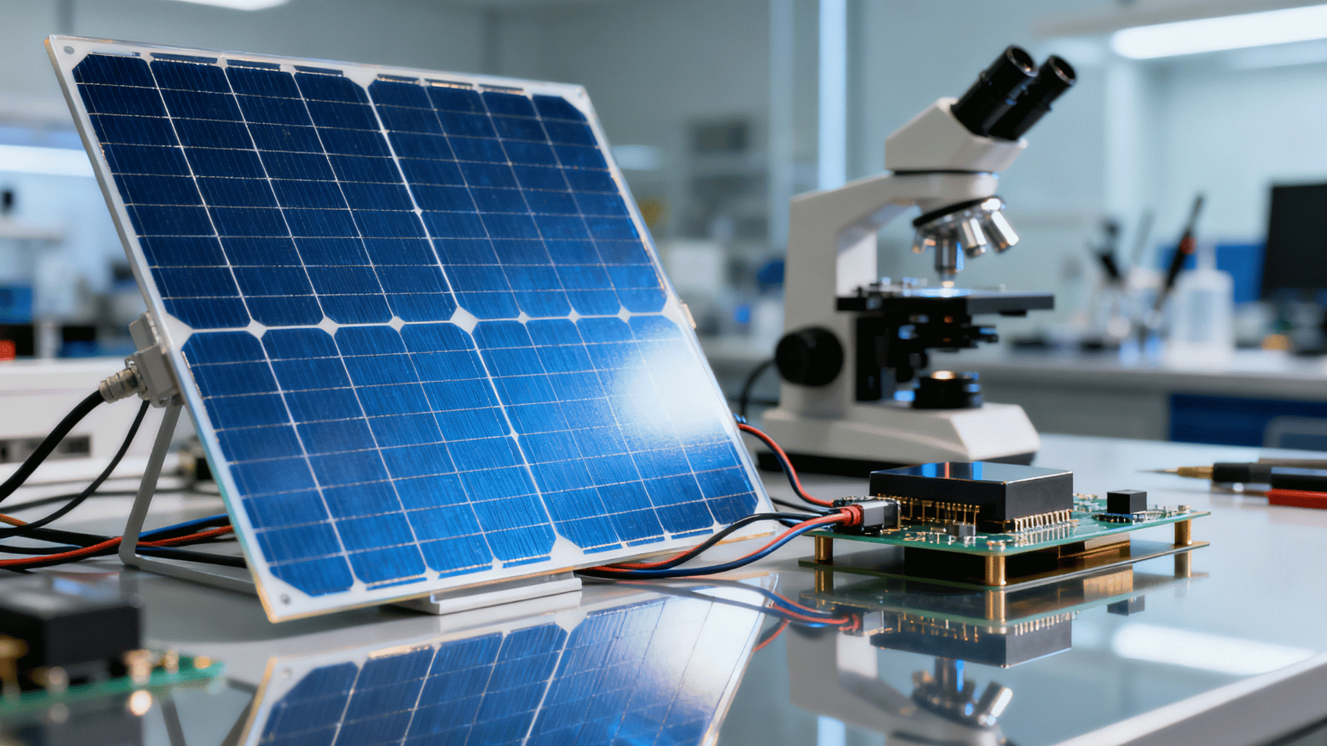 solar panel and semiconductor circuit board setup in a laboratory with renewable energy technology equipment
