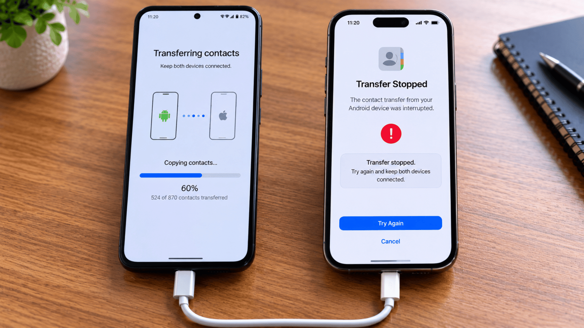 android contact transfer stuck at sixty percent while iphone shows transfer stopped during wired migration