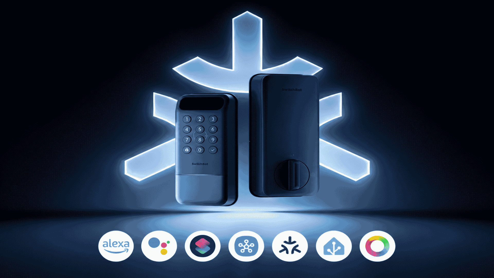 switchbot smart lock and keypad displayed with icons for several smart home platforms