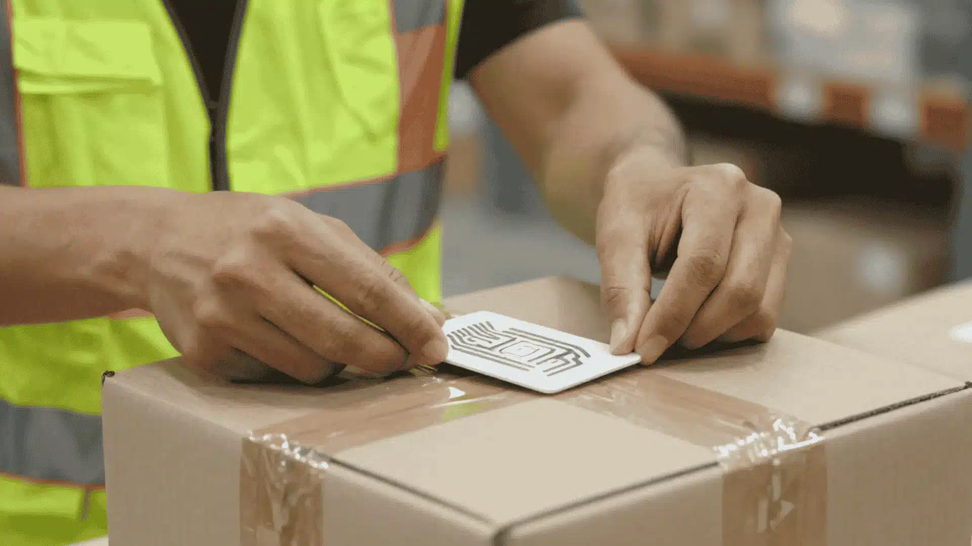 warehouse worker attaching an rfid tag to a sealed cardboard box for inventory tracking