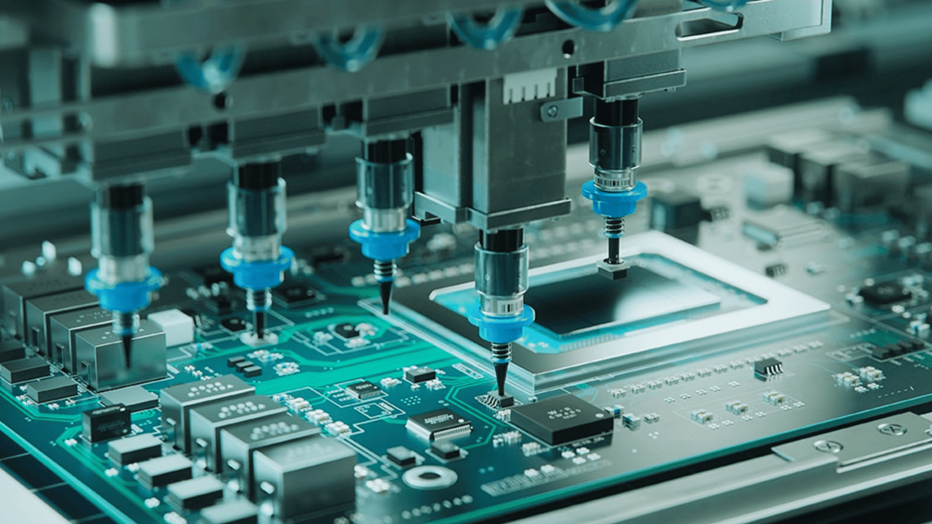 automated machine placing components on a circuit board during electronics manufacturing process in a factory