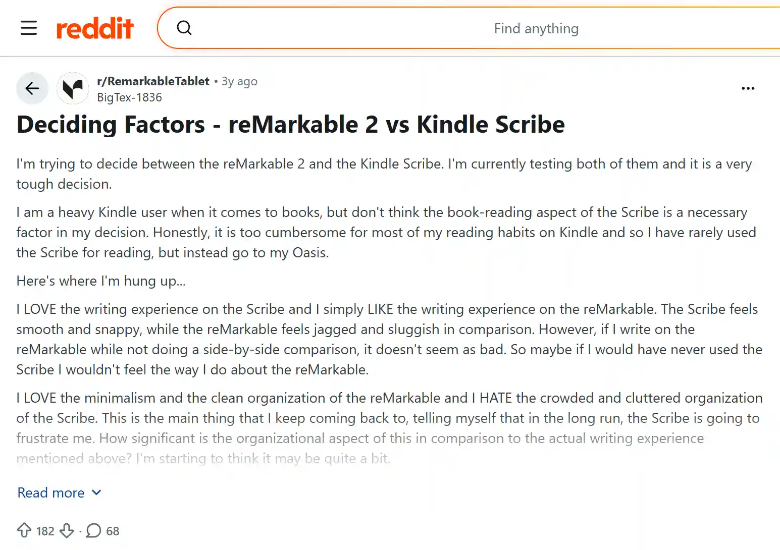 reddit user review discussing remarkable and kindle scribe writing experience and note taking features