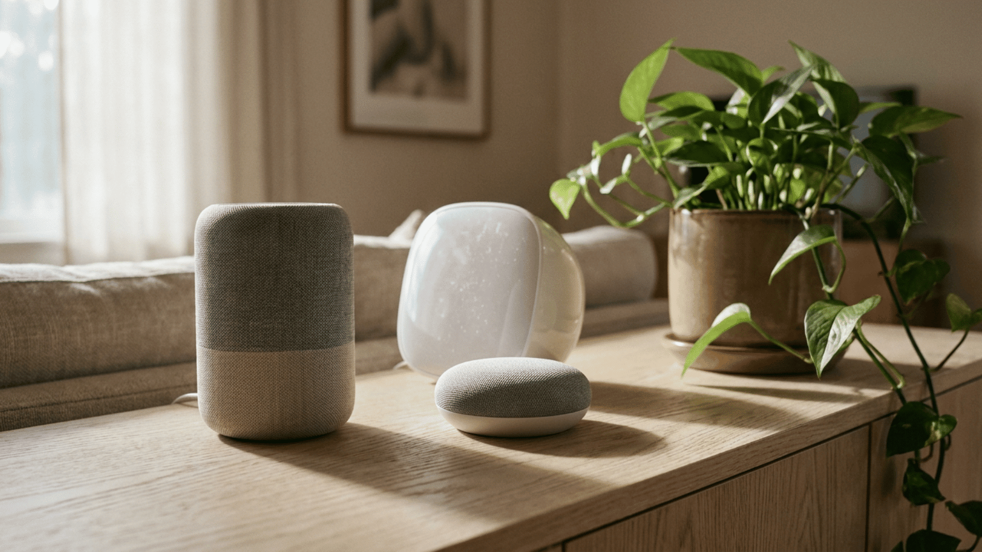 three smart home hubs grouped on an oak console table beside a trailing plant
