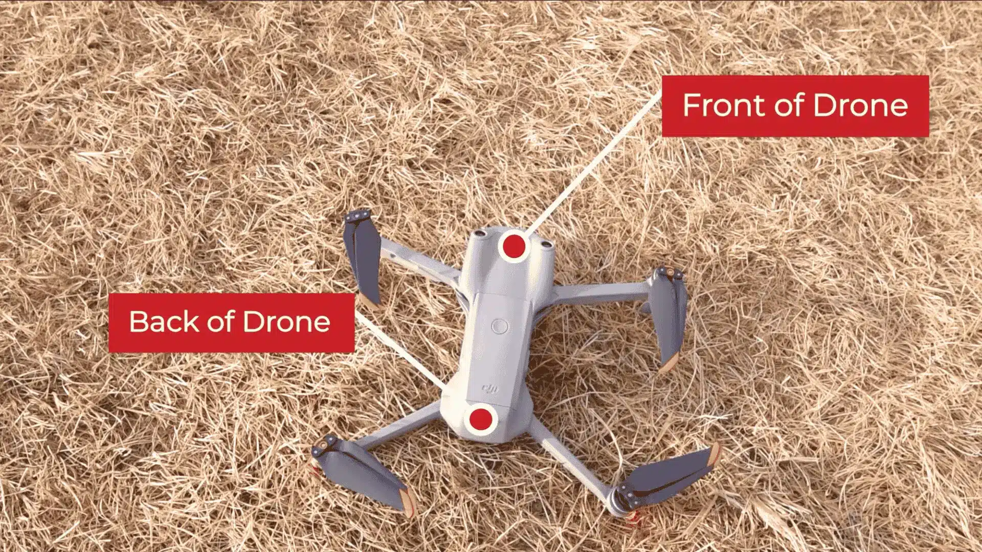 top view of a drone on dry grass with labels showing the front and back for correct takeoff orientation
