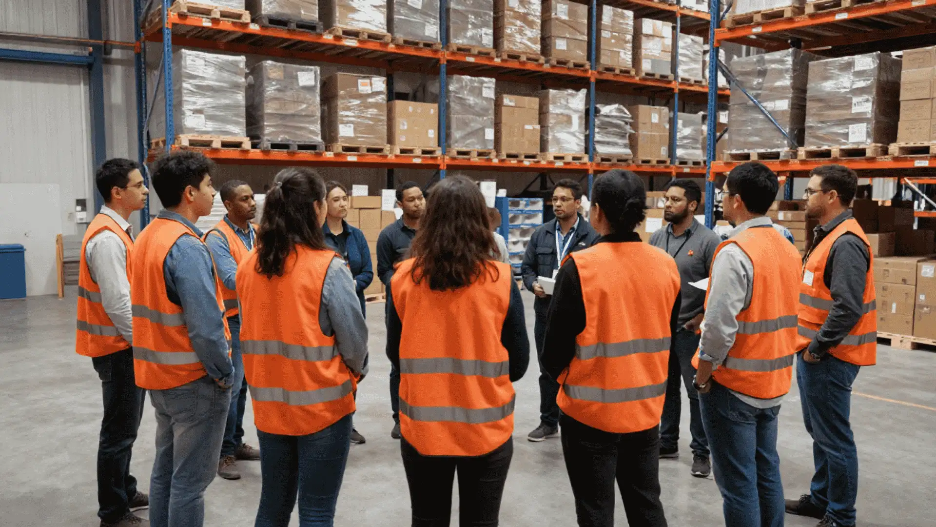 warehouse staff attending group training among shelves filled with packaged inventory