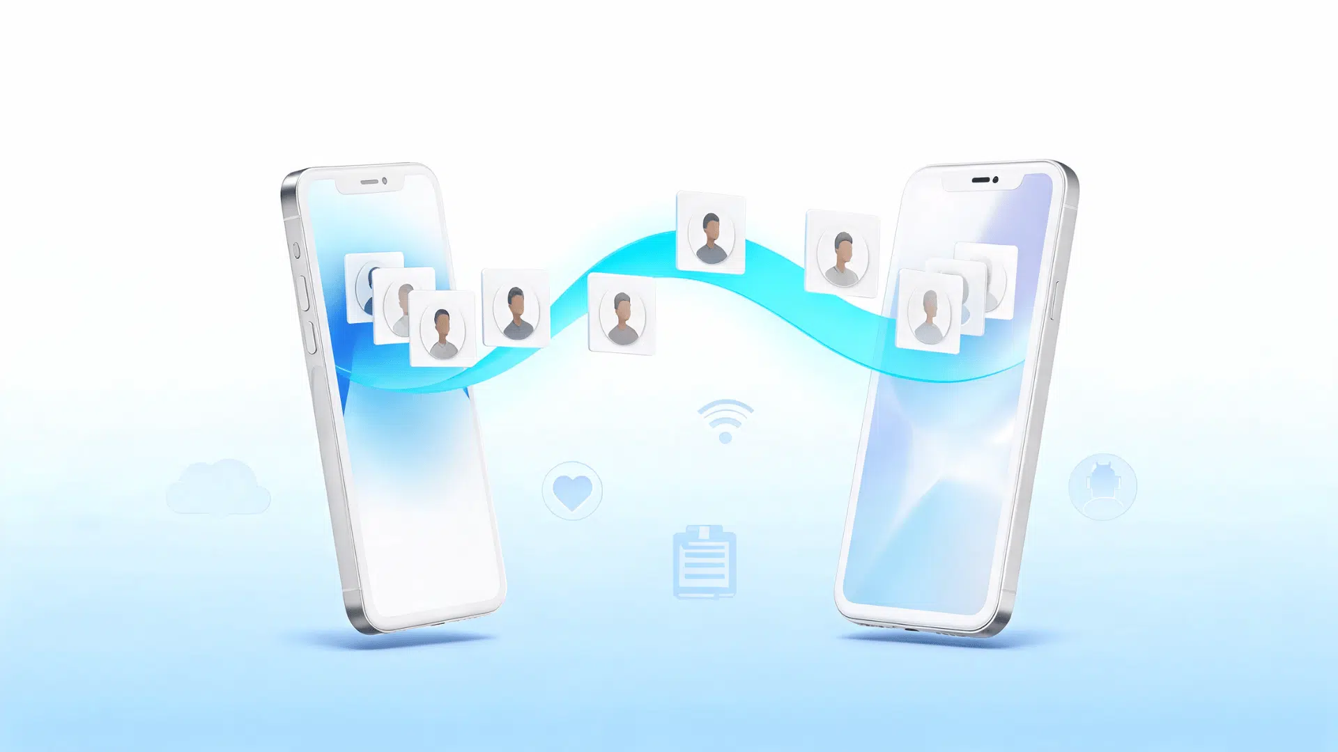iphone transferring contact cards to an android phone through a secure wireless data transfer animation